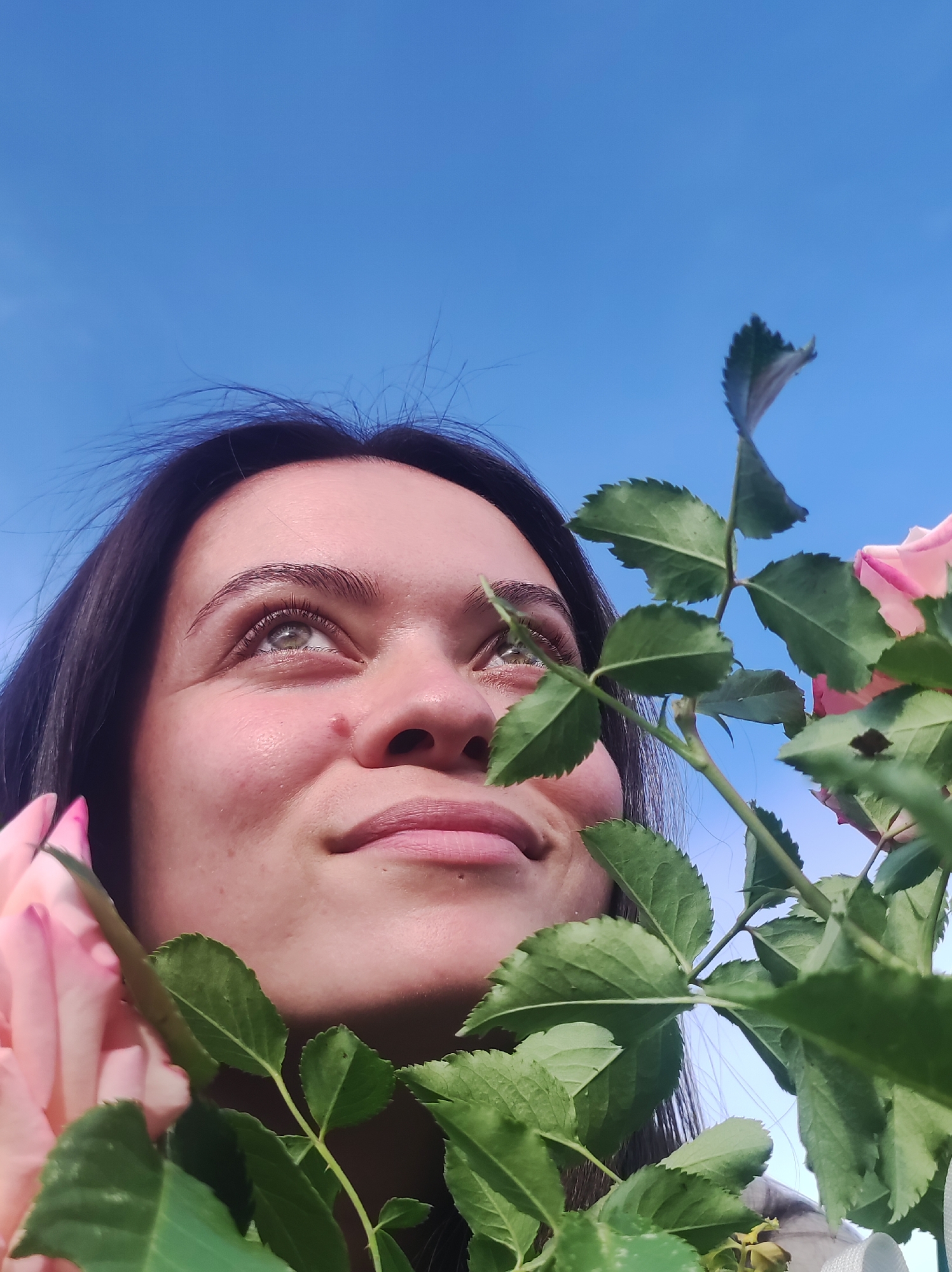 A low-angle, close-up shot captures a young woman's face as she looks up at the sky, framed by the soft pink petals of a rose and its green leaves. Her dark hair is slightly windswept, and her eyes, a striking green, are wide open, reflecting the bright blue of the sky. A small reddish mole is visible on her cheek. Her lips are slightly parted in a gentle smile, conveying a sense of peaceful contemplation or perhaps awe. The background is a clear, cloudless blue sky, suggesting it is a sunny day. The focus is on the woman's serene expression and the natural beauty of the rose, creating an intimate and tranquil atmosphere. There is no visible text in the image. The setting appears to be outdoors, possibly in a garden or park, given the presence of the rose. The overall impression is one of peaceful enjoyment of nature on a clear day.