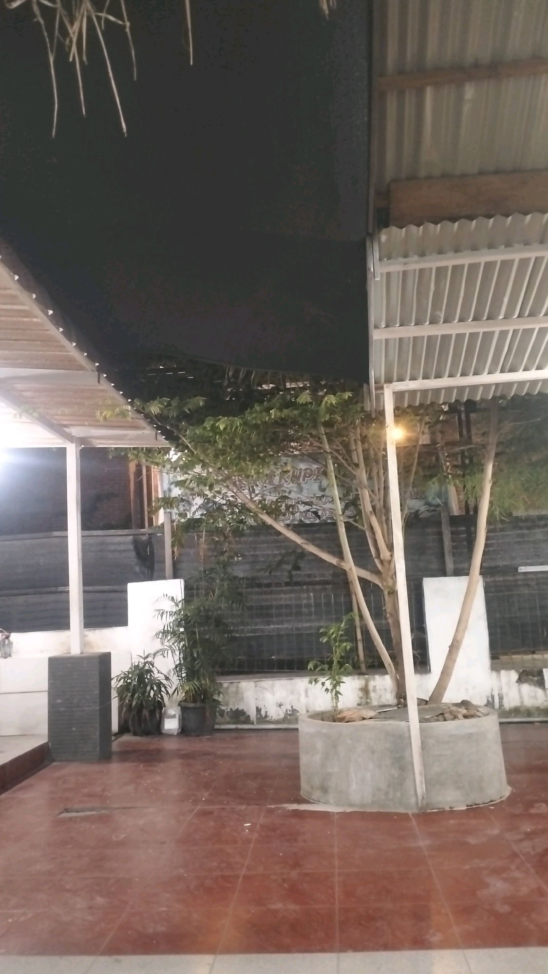 The image depicts an outdoor patio area, likely in Lhokseumawe, Indonesia, covered by a corrugated metal roof. A large, dark fabric covers a portion of the overhead structure, contrasting with the white corrugated metal on the right side. In the center, a tree is planted in a large, circular concrete planter filled with rocks. Several other potted plants, including bamboo, are situated to the left of the tree. The ground is paved with red tiles. A dark, rectangular stone object is visible in the lower left corner. In the background, a fence is visible, and beyond that, a white structure with some lettering is partially obscured by the foliage of the tree. The lighting suggests it may be evening or a dimly lit indoor space. There are no people visible in the image.