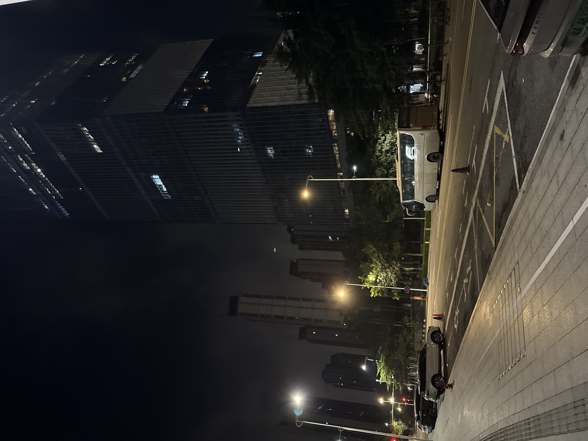 This image depicts an urban street scene at night in Haizhu District, China, dominated by a towering modern skyscraper on the right. The skyscraper has numerous illuminated windows, suggesting activity within. The foreground features a paved sidewalk with streetlights and traffic signals. Adjacent to the sidewalk is a road with lane markings. Several vehicles are present: a white bus is parked in the right lane, and two cars, a dark SUV and a lighter colored SUV, are parked on the left side of the road, near the sidewalk. Traffic cones and bollards are visible on the road. Trees and other buildings are sparsely visible in the background, partially obscured by the darkness and some atmospheric haze. The overall atmosphere is nocturnal, with artificial lighting from buildings, streetlights, and vehicles creating the visible illumination.