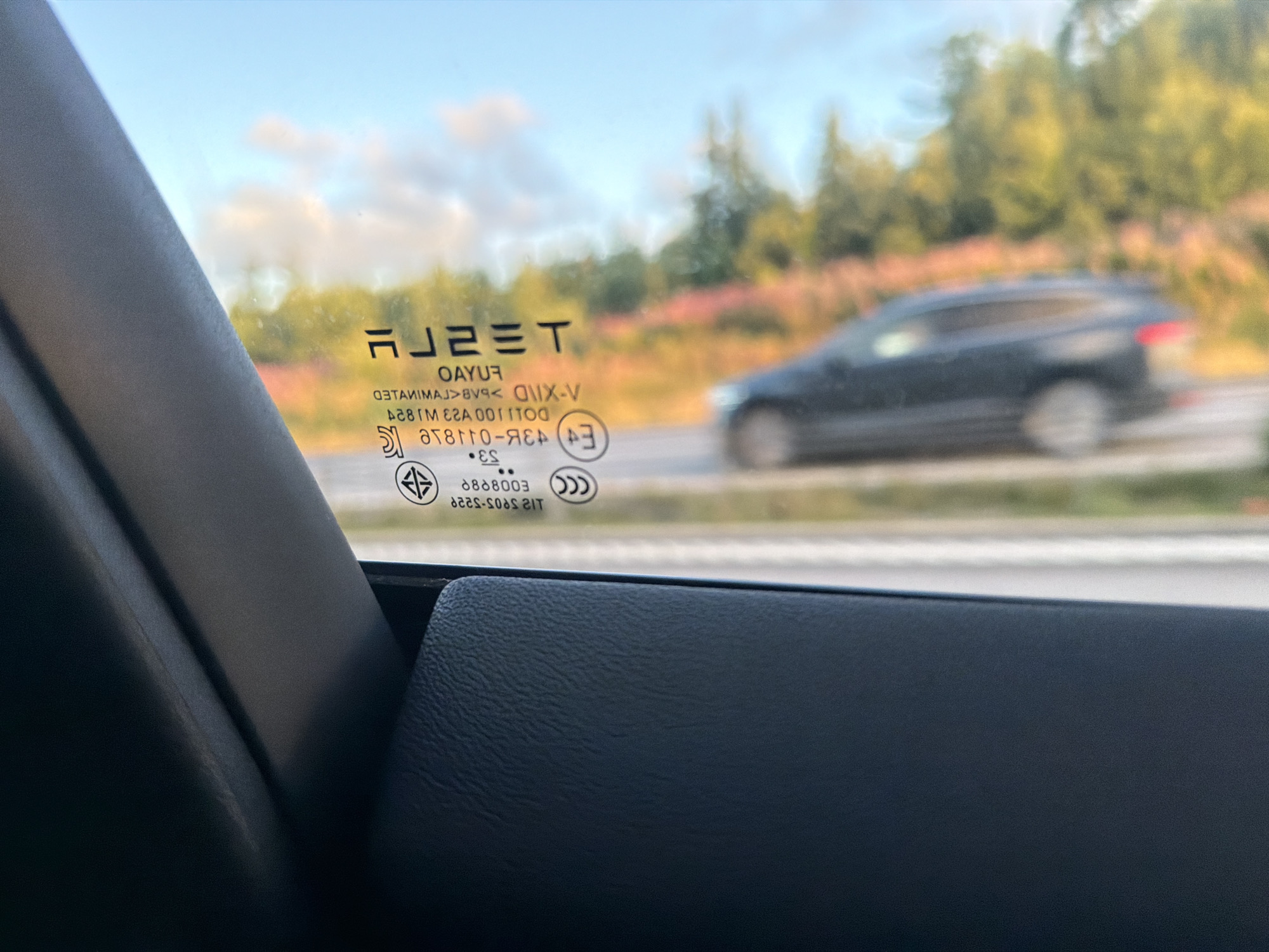 The image shows a close-up view from inside a vehicle, looking out the side window. The window has various markings and text etched into it. The prominent marking is the "TESLA" logo. Below the logo, there is text that appears to be a safety or manufacturing code, including characters like "OAYU", "V-X1ID", and numbers that are partially obscured or difficult to read due to reflection and focus. There are also circular symbols with additional markings within them, some resembling certifications.
Through the window, a blurred view of a rural landscape is visible, with trees and vegetation in the background. A dark-colored vehicle, possibly an SUV, is seen driving on a road in the distance, also blurred. The sky is visible, showing a light blue color with some clouds.
The foreground of the image shows the interior of the car, specifically the black plastic trim of the door panel and a portion of the seat or armrest. The lighting suggests it is daytime, likely afternoon or evening, given the quality of light and the sky color. The scene is captured from a stationary or slow-moving vehicle.
The image does not provide any specific visual cues or landmarks that would definitively place it in Munkedal, Sweden. Without additional context or identifying features in the visual scene itself, it is not possible to confirm the location.