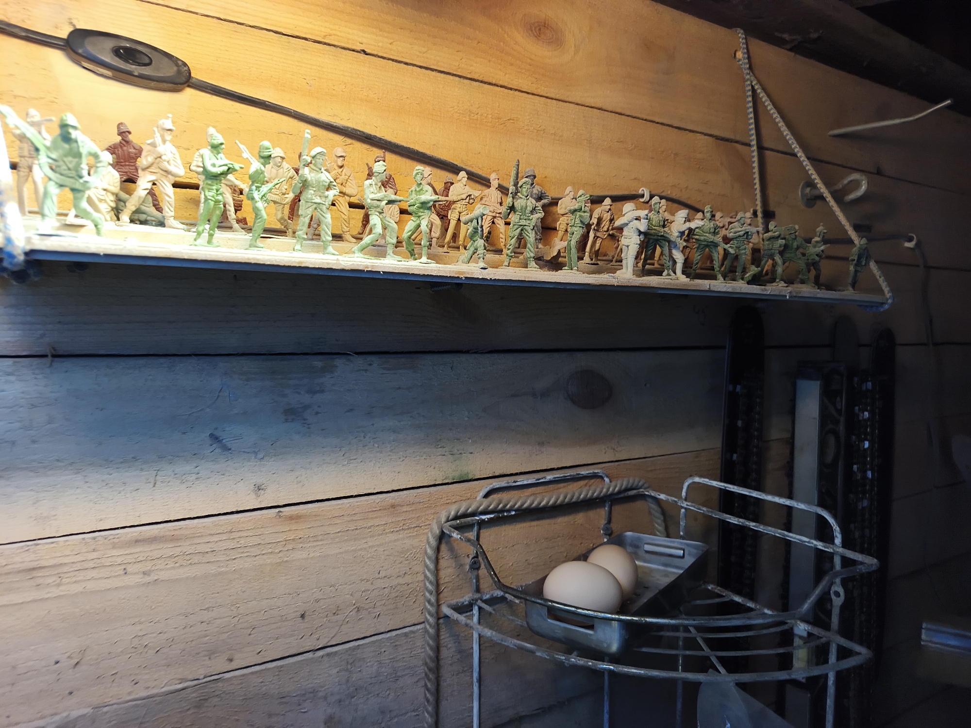 The image depicts an indoor scene, possibly a storage area or shed, with unfinished wooden walls. A shelf along the top of the frame displays a collection of toy soldier figurines, predominantly green, arranged in various poses. A black electrical cord is visible above the figures. Below the shelf, a wire basket containing two brown eggs sits on a lower shelf. Other items are partially visible on the right, including vertical objects with chains or grooves. The location is Vyshevychi, Ukraine.