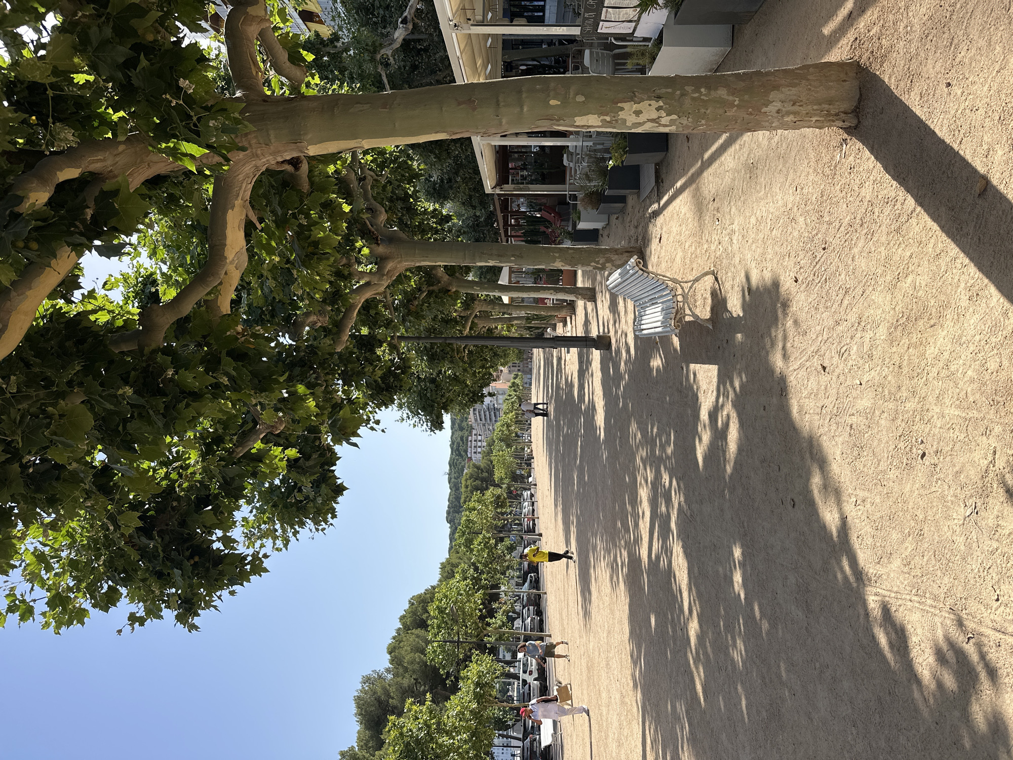 The image depicts a sun-drenched promenade in Sant Feliu de Guíxols, Spain, lined with mature plane trees casting dappled shadows on the sandy ground. On the right, outdoor seating areas of restaurants are visible under white awnings, with potted plants adding greenery. A white metal park bench sits in the foreground, facing away from the viewer. In the middle ground, a few people are strolling along the promenade, including one individual in a bright yellow shirt and another walking a dog. The background shows a street with parked cars and a hillside dotted with buildings and trees. The sky is clear and blue.