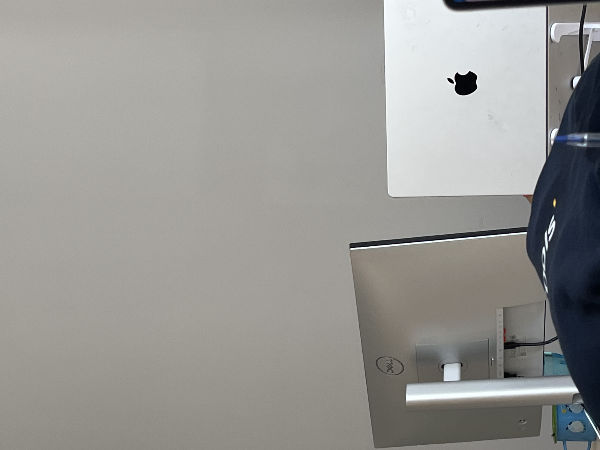 The image shows the back of a silver Dell monitor and a white MacBook laptop on a desk. The Dell logo is visible on the monitor. A blue mug with penguin illustrations is to the left of the monitor. A dark blue garment is in the foreground, partially obscuring the lower part of the desk. A blue pen is also visible in the foreground. The background is a plain, light gray wall. No specific location in Plovdiv, Bulgaria, can be identified from the image.