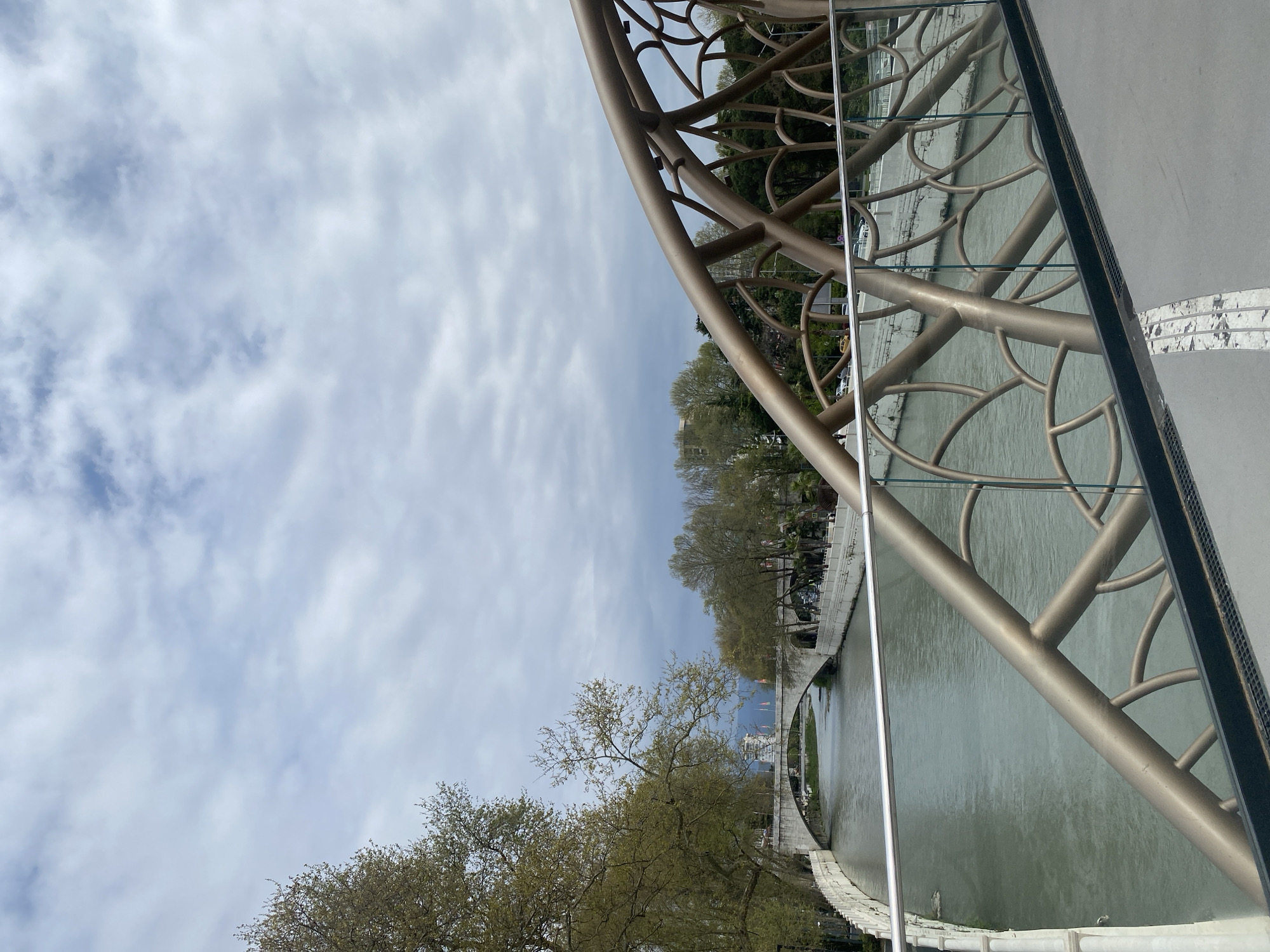 This image captures a modern pedestrian bridge spanning a river in Sochi, Russia, under an overcast sky. The photograph is taken from the bridge itself, looking down and along the waterway.
In the foreground, on the right side of the frame, is a distinctive section of the bridge. It features a striking, ornate golden or bronze-colored metal structure with a repeating, organic pattern, possibly resembling intertwined branches or waves. Integrated into this metal framework are transparent glass panels, which likely serve as railings or part of the aesthetic design. Adjacent to this, on the far right, is a light grey concrete surface, part of the bridge's pathway, with some white markings.
The river, with its greenish-grey water, flows beneath the bridge and extends into the midground. Its banks are lined with white stone walls. Lush trees, some with light green foliage indicating spring, and others still mostly bare, line both sides of the river, contributing to a verdant urban landscape.
In the background, beyond the river and trees, faint outlines of distant buildings can be seen, suggesting an urban environment. The sky above is largely covered with a dense layer of white and grey clouds, indicating a cloudy or overcast day, but with enough light to illuminate the scene. There are no people visible, and no specific activity is taking place beyond the tranquil flow of the river. No visible text appears in the image.