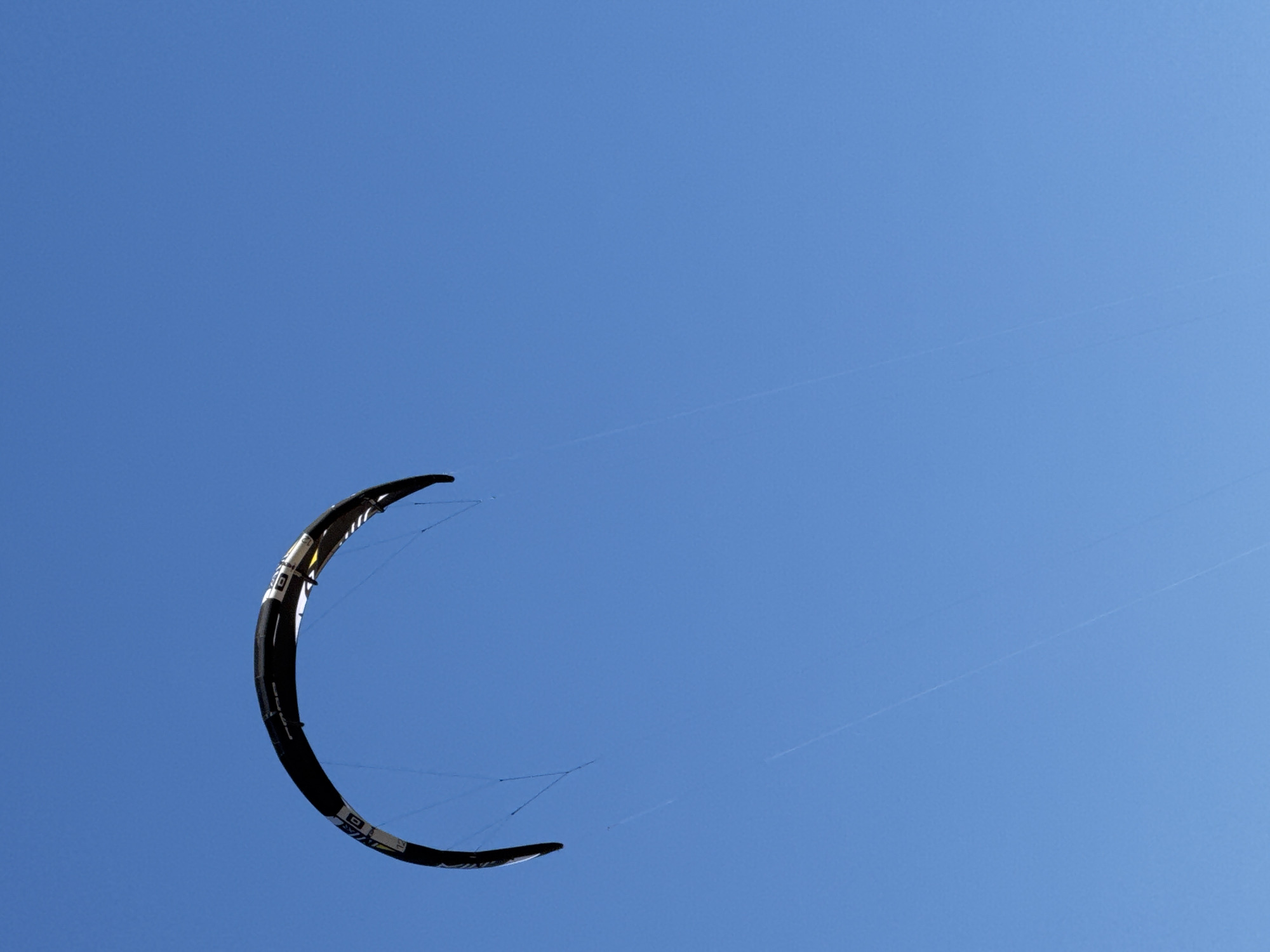 A black and white kite is in the air against a clear blue sky. The kite has a curved shape and is suspended by thin lines. The kite is positioned in the upper left quadrant of the image. The rest of the image is dominated by the blue sky, with no other objects or features visible. The scene appears to be an outdoor activity, likely in a place with open space and wind. The image does not contain any specific information about the location in Zelenaya Roshcha, Russia.