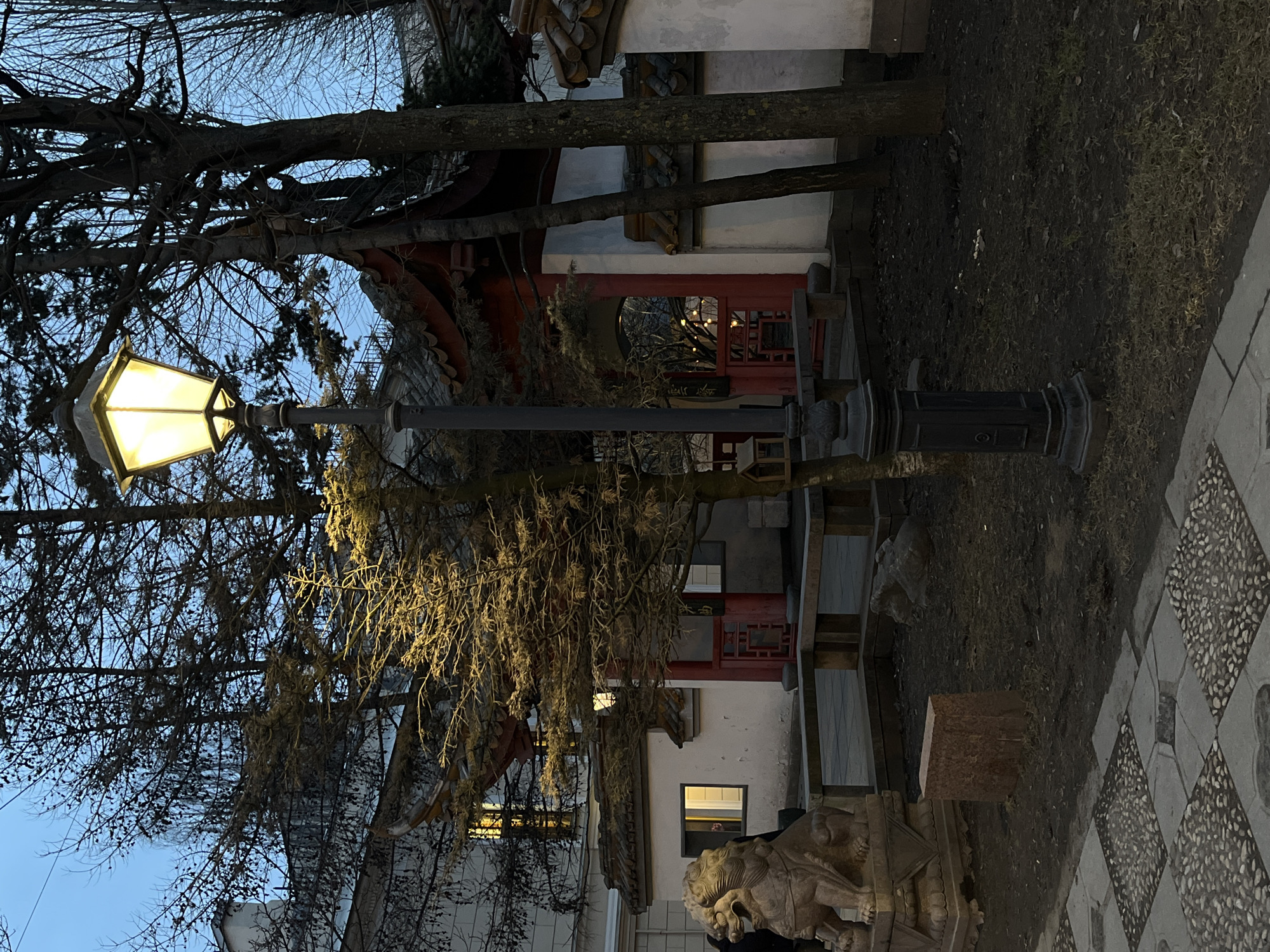 The scene depicts the Garden of Friendship (Chinese Garden) on Liteyny Prospekt in Saint Petersburg, Russia, at twilight. A prominent black, ornamental streetlamp with a warm yellow glow stands in the immediate foreground, slightly right of center. To the left, a large, light-colored stone Foo dog statue rests on a tiered pedestal. A person in dark attire is partially visible behind the statue on the far left.
The ground comprises patterned grey paving stones with integrated pebble mosaic sections in the foreground, transitioning to dark, exposed earth with sparse, dry grass further back. A rectangular, reddish-brown stone block lies on the bare ground near the Foo dog statue.
In the mid-ground, structures with white walls, dark-tiled, curved roofs, and prominent red archways are present, indicative of Chinese garden architecture. One archway features an intricate red lattice gate. A bare deciduous tree with fine branches, illuminated by the streetlamp, is positioned between the lamp and the red gate. A small, dark-colored wooden bird feeder is affixed to a tree trunk near the red gate.
Various trees with dark trunks and bare branches, some with minimal foliage, frame the background against a deep blue-grey sky. Behind the garden structures, a light-colored multi-story building has a window illuminated with warm interior light. No significant actions or interactions are discernible from the partially visible individual.