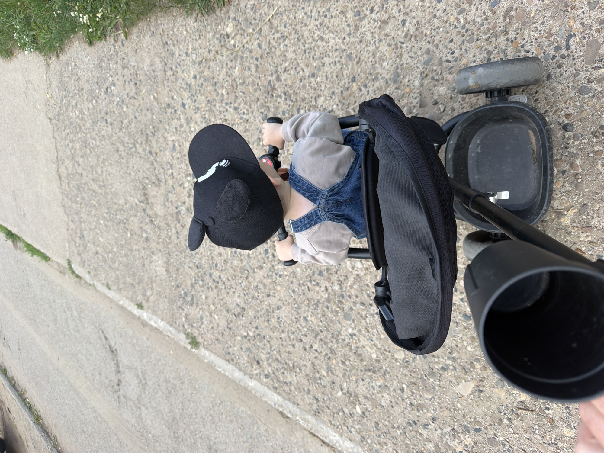 The image shows a close-up, overhead view of a child sitting in a stroller on a paved path. The child is wearing a black baseball cap with a white logo, a light-colored sweatshirt, and blue denim overalls. The stroller is black and has a large storage bag attached to the back. The path appears to be made of concrete with small stones embedded in it. To the left of the path, there is a strip of green grass with some small white flowers.
The image is taken from above, looking down at the child and the stroller, which is positioned at an angle. The lighting suggests it is daytime, and the clear visibility indicates fair weather. The presence of grass and paved paths points to an outdoor setting, possibly a park or a sidewalk. The child's hands are on the stroller's handle, implying they are either being pushed or are in the process of controlling the stroller. No specific emotions are discernible from the child's posture or the overall composition. There is no visible text in the image. The context provided indicates the location is Chaikovsky, Russia.