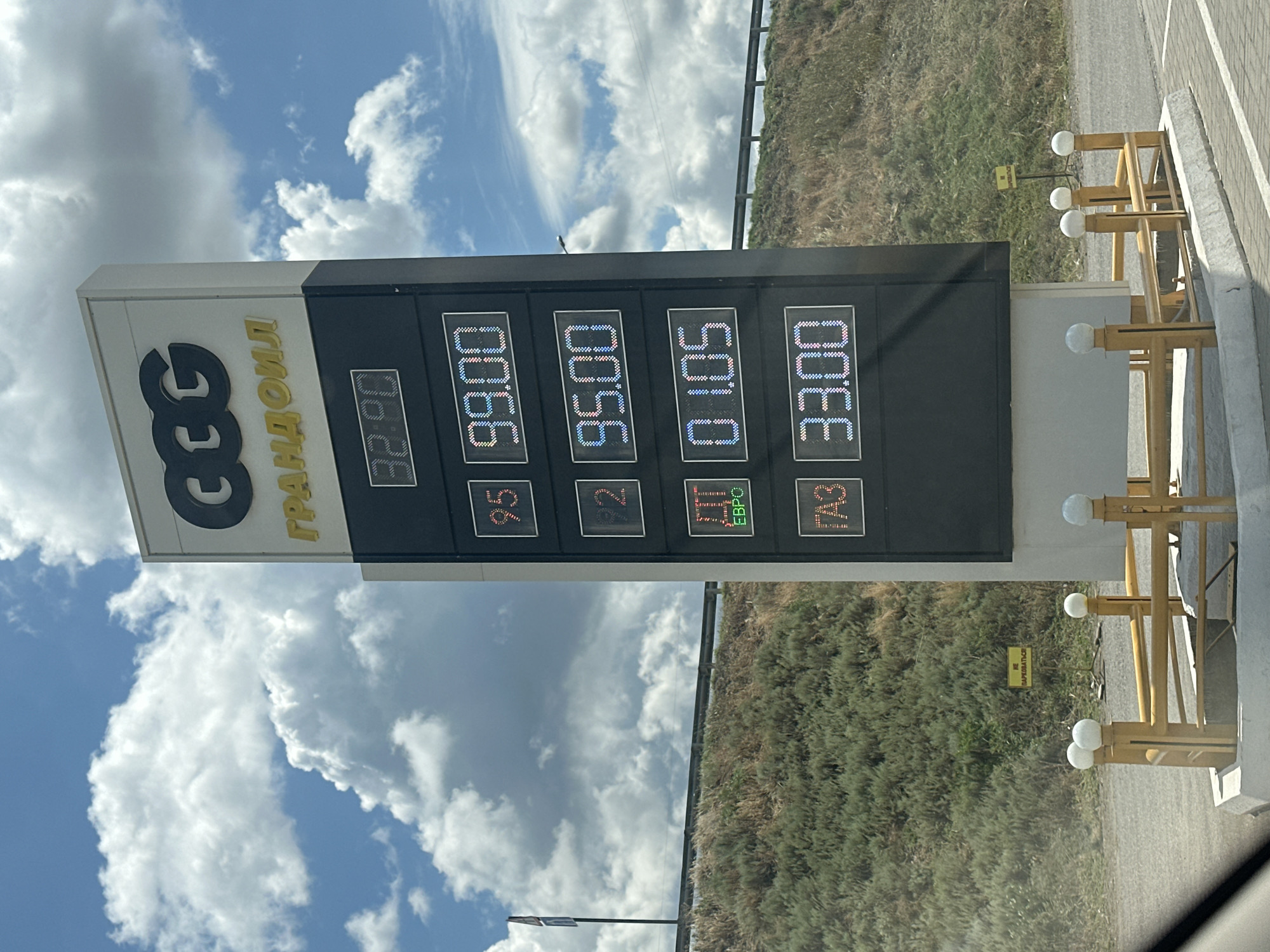 The image shows a gas price display at a CCC Grandoil gas station in Nizhniy Chiryurt, Russia. The sky is blue with white clouds. The gas price sign is tall and black with digital displays. The prices shown are: 32.90, 99.00, 95.00, 01.05, and 33.00. There is a small yellow sign in the background that reads "НЕ ПАРКОВАТЬСЯ", meaning "NO PARKING". The ground is paved with asphalt and a low yellow fence with white spherical lights encloses the base of the sign. A grassy hill is visible in the background.