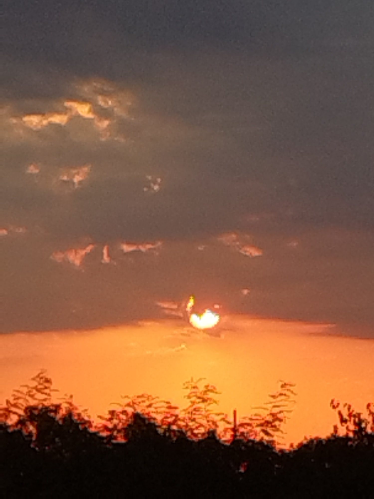 The image depicts a sunset with an orange sky dominating the lower half and a dark blue-grey sky filling the upper portion. Silhouetted trees form a dark band across the bottom of the frame. A bright, glowing orb, representing the setting sun, is visible near the center of the frame, partially obscured by clouds that are tinged with orange and yellow. A few wispy clouds are scattered across the darker sky. The scene is likely a natural landscape rather than an urban environment, and there is no indication of Bucharest, Romania.