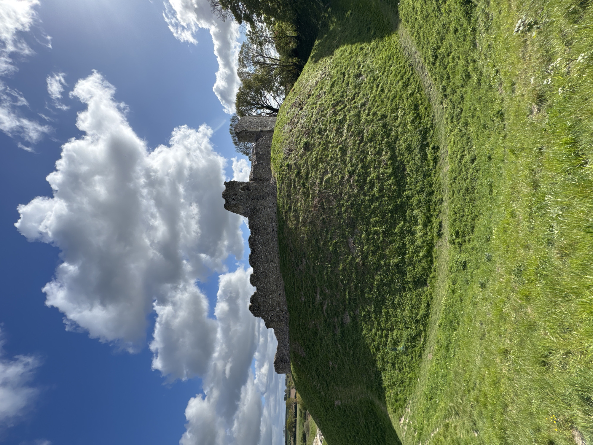 The image displays a vibrant, sunlit landscape featuring the ruins of a historic stone castle or fortification set against a bright blue sky.
A large, undulating grassy mound occupies the midground and foreground on the right side of the frame. The grass is a rich, verdant green, appearing dense and well-maintained. Strong light and shadow patterns across the hill highlight its contours.
Running along the crest of this grassy mound, across the midground, are the weathered remains of a substantial stone wall, indicative of castle ruins. These irregular, grey stone structures show jagged edges and broken sections where former battlements or towers once stood. The wall appears to follow the natural curve of the hill. Behind these ruins, a line of mature trees with green foliage is visible, with glimpses of a distant, flatter landscape beyond.
The upper portion of the image is dominated by a clear blue sky dotted with large, fluffy white cumulus clouds. Some clouds appear bright and well-defined, while others are softer. The sun is brightly shining from the upper left, casting a noticeable lens flare and illuminating the entire scene, suggesting it is a clear day, likely late morning or early afternoon.
There are no people or specific activities depicted. No text is visible in the image. The scene portrays a historical landmark in a natural, open environment, consistent with the provided location context of King's Lynn and West Norfolk, United Kingdom.