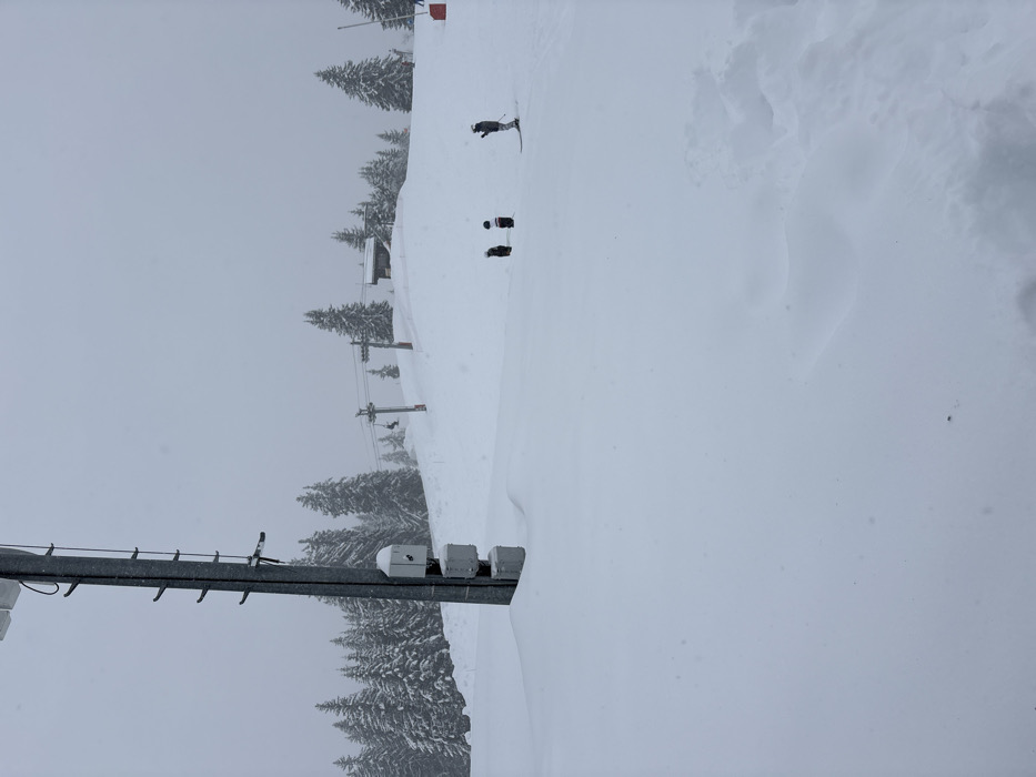 The image depicts a snow-covered ski area in Manigod, France, under an overcast sky. A tall metal pole, likely part of a ski lift or utility infrastructure, stands in the left foreground, partially buried in deep snow and fitted with several horizontal brackets and three square grey utility boxes at its base. In the midground, a ski slope ascends, populated by numerous snow-laden evergreen trees. A ski chairlift structure with multiple support poles and suspended chairs is visible, leading up the slope to a small building with a dark roof. Three individuals are present on the snow-covered slope in the midground. On the right, an adult skier stands upright on skis, facing left, dressed in dark attire. To the left of the skier, two smaller figures, possibly children, stand or kneel in the snow, also dressed in dark clothing, one with a white horizontal stripe on their back. Footprints are visible in the snow in the lower right foreground. Red piste markers are partially visible on the far right midground slope.