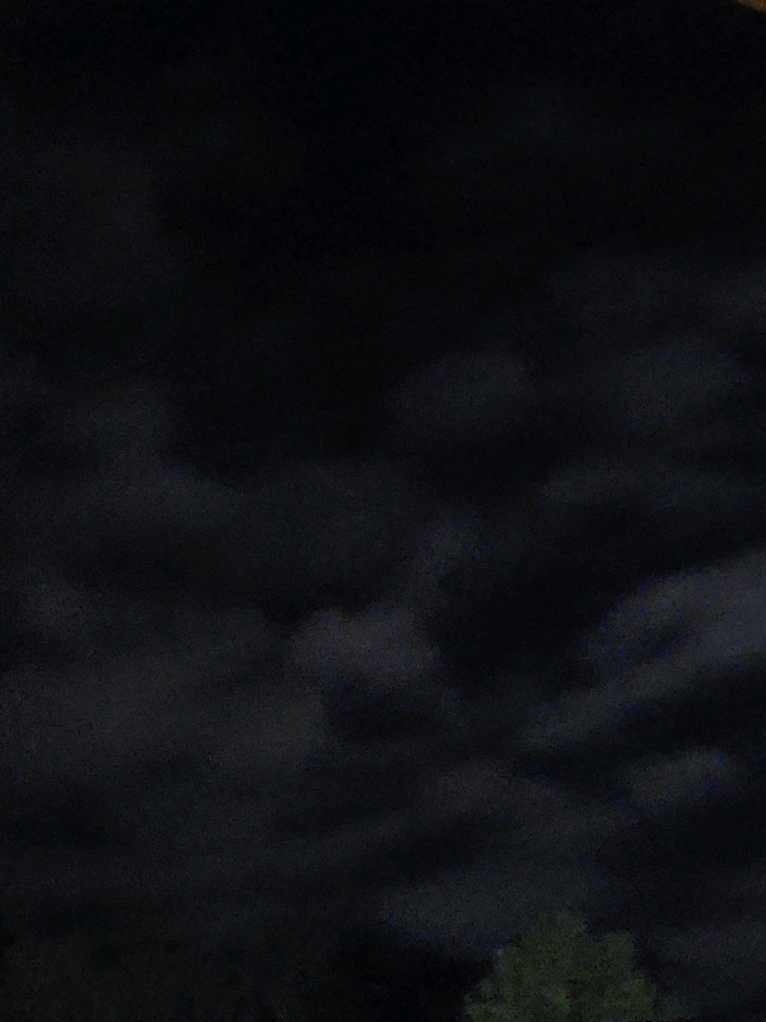 The image shows a dark, cloudy night sky with a few faint specks of light possibly indicating stars or distant city lights. The lower portion of the image contains the silhouette of a tree, its branches barely visible against the dark sky. There are no people or discernible objects other than the tree. The scene appears to be an outdoor environment, likely a park or residential area, given the presence of a tree and the general darkness. The location is identified as Ozolnieki, Latvia.