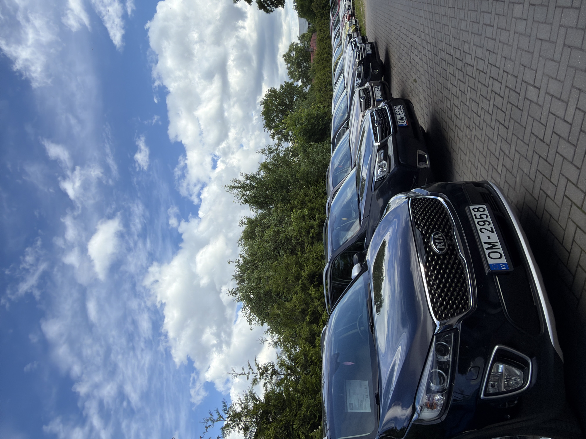 A line of dark-colored vehicles is parked on a paved lot, with lush green trees forming a backdrop under a partly cloudy blue sky. The closest vehicle, a black Kia Sorento, has a license plate reading "OM-2958" and a price tag visible on the windshield. Further down the line, other vehicles, including Subaru Foresters with license plates "OL-845" and "OM-5362," are visible. The scene appears to be a car dealership lot in Riga, Latvia, given the license plate format.