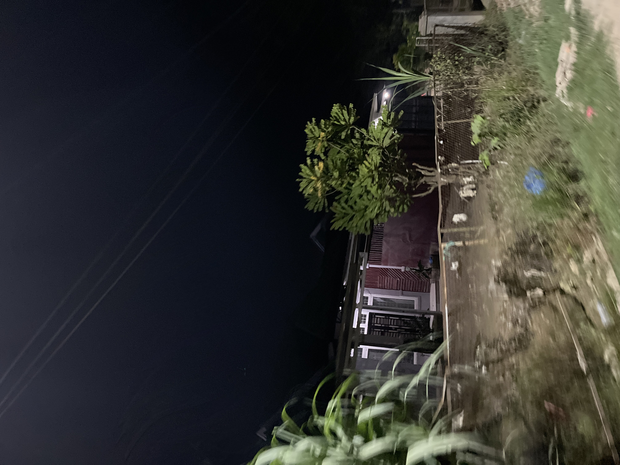 The image depicts a nighttime scene in a residential area, likely in Kesehatanbandar, Indonesia. The primary subject is a two-story building with a reddish-brown tiled roof and white window frames, illuminated from within. The building appears to be a house or a small establishment. In front of the building, a wire mesh fence separates it from the foreground, which is dominated by lush green foliage, possibly plants or tall grasses, in motion, suggesting it might have been windy or the camera was moving.
To the left of the building, a tree with green, fan-shaped leaves is visible. The sky is dark, indicative of nighttime, with faint streaks of light that could be power lines or atmospheric phenomena. The overall impression is one of a quiet, possibly rural or suburban, setting at night. There are no people visible in the image. The ground next to the building appears to be a dirt path or unpaved area with some debris, including what looks like a blue plastic bag.
The lighting suggests artificial light sources from within the building and possibly a streetlamp, creating a contrast between the illuminated structure and the dark surroundings. The blurriness in the foreground suggests either a low-light photography effect or movement during the exposure. The image conveys a sense of ordinary life continuing after dark in a residential environment. There is no visible text in the image.