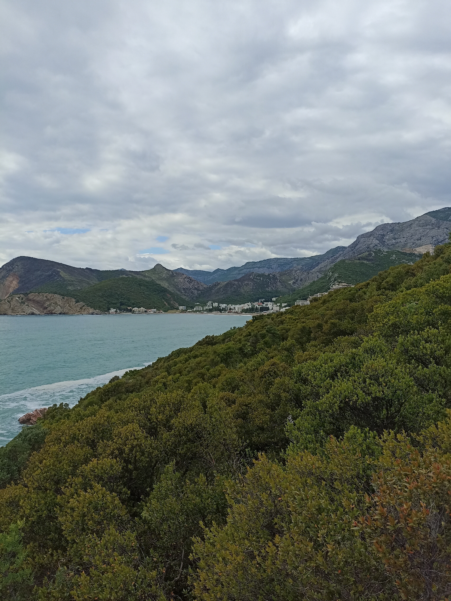 The image is a medium shot of a coastal landscape near Čanj, Montenegro on a cloudy day. The foreground is dominated by dense, green shrubs and trees covering a hillside. To the left of the greenery, a blue-green body of water is visible, with white waves crashing against a rocky coast. Across the water, there are a series of green, tree-covered mountains in the background. A settlement, possibly containing hotels or residential buildings, can be seen along the coastline at the foot of the mountains. The sky is overcast with a layer of gray clouds.