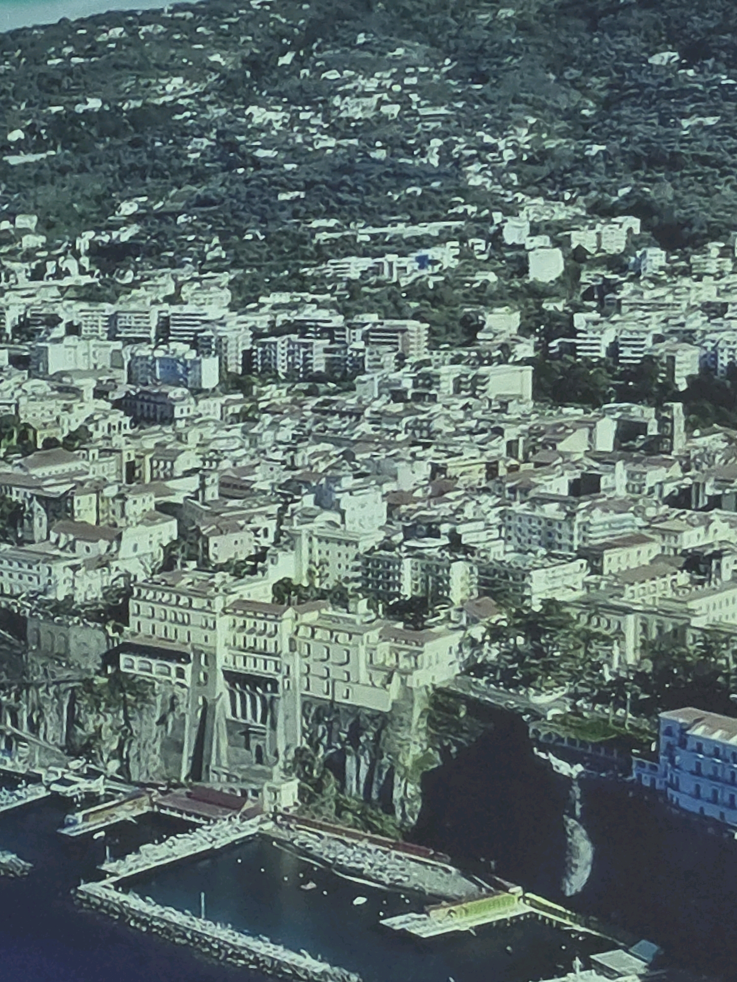 This is an aerial view of a densely populated coastal city. Numerous buildings, with white and light-colored facades and terracotta roofs, are clustered together on a hillside overlooking a harbor filled with boats. The hillside is covered in lush green vegetation, suggesting a Mediterranean climate. The architecture appears to be a mix of historical and modern styles, with some buildings featuring ornate facades and others being more minimalist. The harbor itself is lined with piers and docks, and the water is a deep blue. In the distance, the city extends up the steep hillsides, with more buildings and greenery visible. The image does not contain any recognizable landmarks or clues that would place it in Daegu, South Korea.