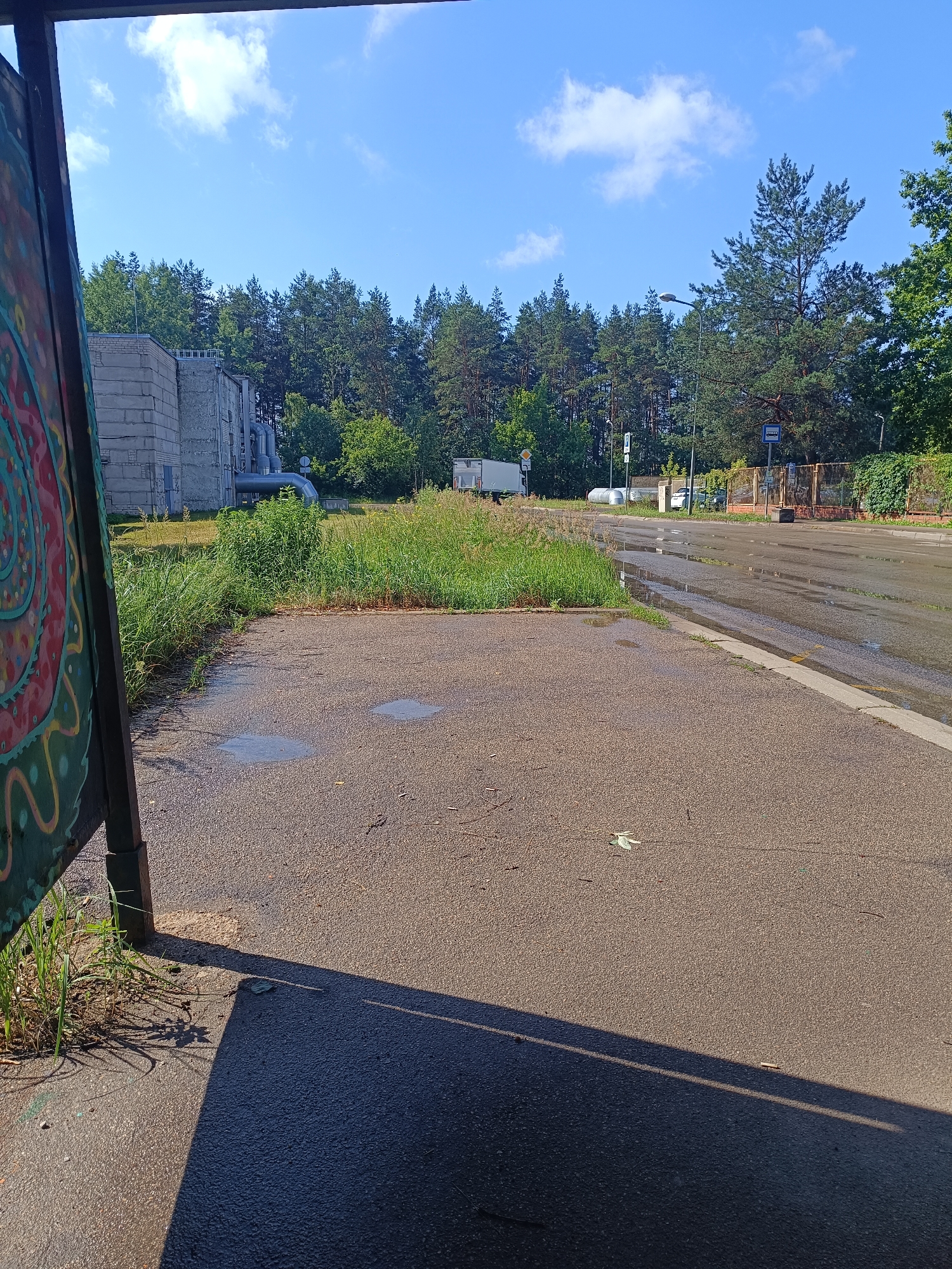 The image depicts a view of a street in Riga, Latvia, on a sunny day with scattered clouds. In the foreground, a paved area with some puddles from recent rain is visible. To the left, a portion of a colorful mural on a dark surface is partially shown. Beyond the paved area, a grassy patch with tall weeds grows. In the mid-ground, a modern industrial building with pipes and tanks is situated behind the vegetation. Further in the background, a line of trees, predominantly pines, forms a dense forest. A street with a bus stop sign and a street lamp is visible to the right. A white truck is parked on the street. The overall scene suggests an urban industrial or semi-industrial area bordering a wooded region.