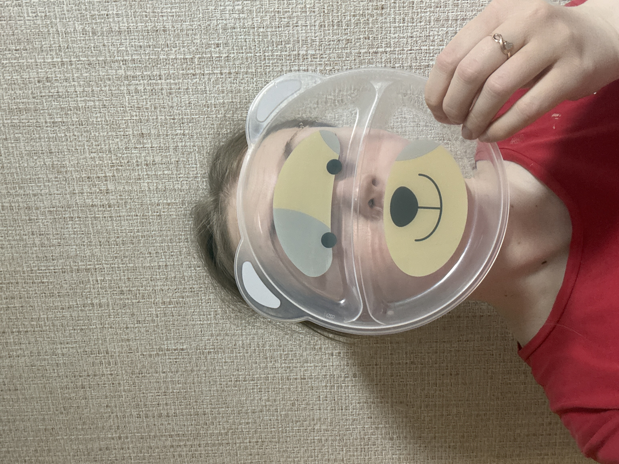 A person in a red shirt holds a clear, divided plate featuring a bear design over their face. The person's hand is visible, adorned with a ring. The background is a textured beige wall. The location is Unknown, Unknown.