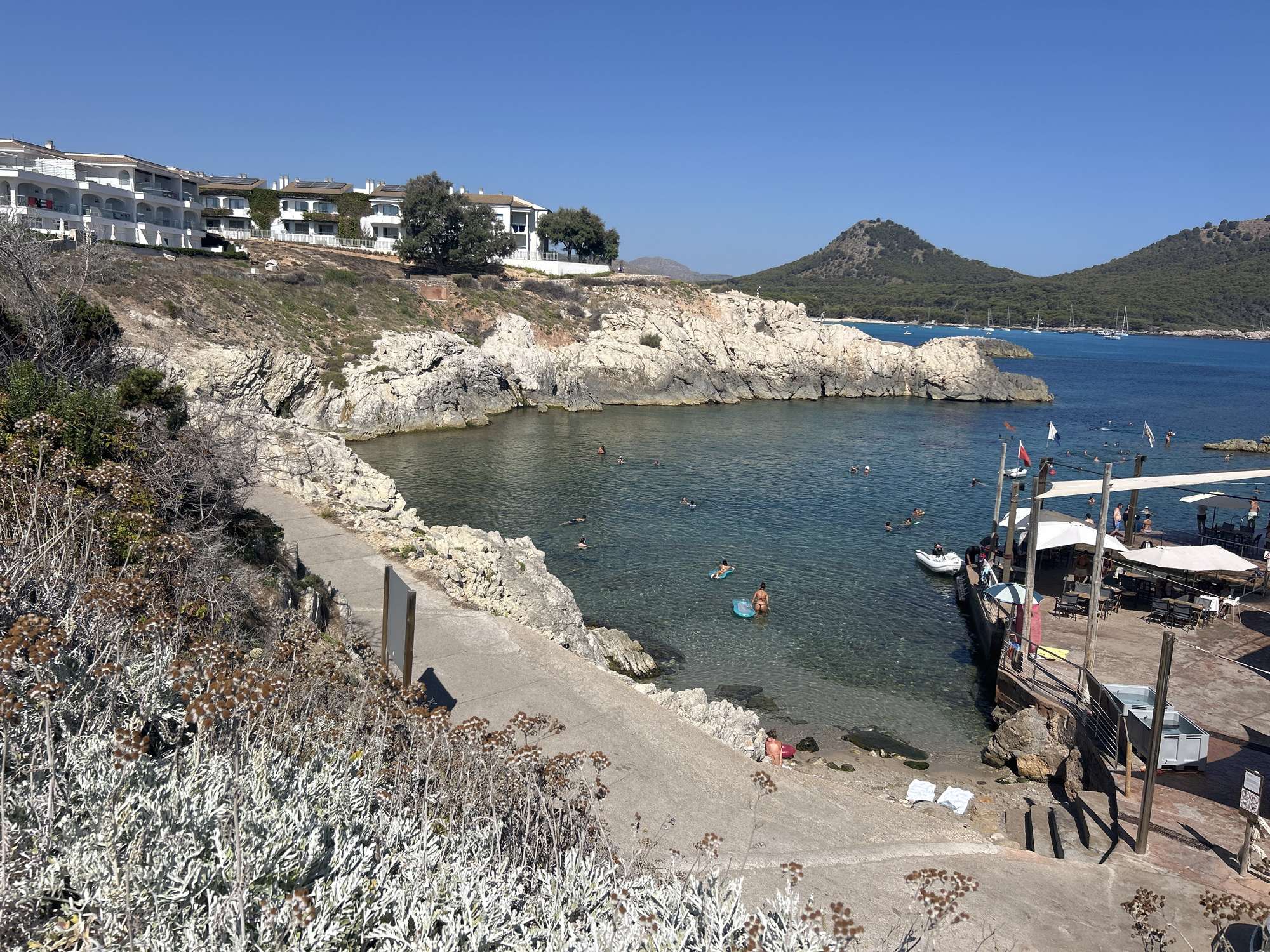 The image captures a scenic coastal view in the municipality of Capdepera, Spain, likely in the Cala Mesquida area, known for its picturesque beaches and rocky coves. A cluster of white, multi-story buildings with balconies and awnings lines the elevated terrain on the left, some featuring solar panels and ivy-covered facades. Below these buildings, a rocky coastline slopes down to a clear, turquoise bay.
The bay is populated with several people swimming and wading in the water, some on inflatable rings. A small white boat is moored near a wooden pier that extends into the water on the right side of the frame. This pier is equipped with tables and umbrellas, suggesting a waterfront cafe or restaurant. A few individuals are visible on the pier, and some boats are anchored further out in the bay.
The foreground is dominated by a dry, rocky slope covered with desiccated plants and white, silvery-green foliage. A concrete path winds down from the upper left of the image towards the bay, with a wooden signpost visible along its edge. In the background, two tree-covered hills rise against a clear blue sky, framing the bay. The overall scene depicts a tranquil summer day at a popular Mediterranean coastal destination.