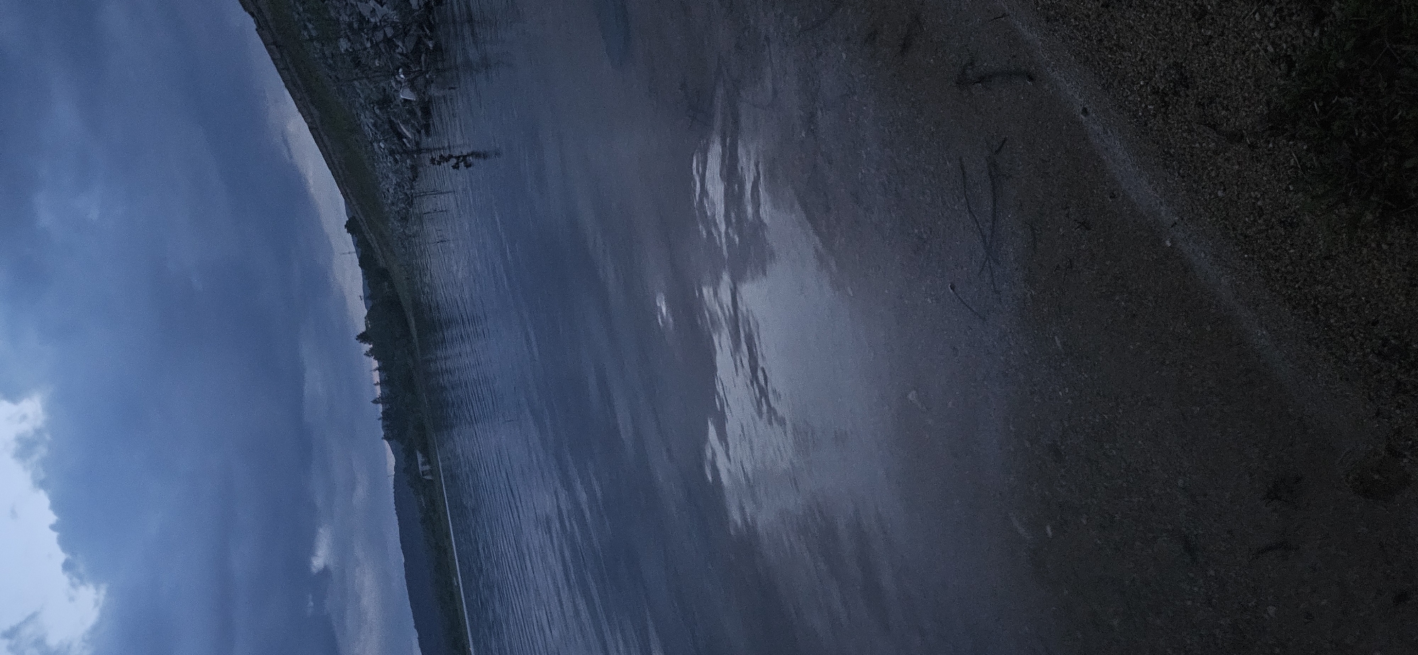 The image depicts a serene, natural landscape, likely captured during dawn or dusk under an overcast sky in Verinsko, Bulgaria. A vast expanse of dark, calm water, possibly a lake or wide river, occupies the central and lower portions of the frame. The water's surface reflects the muted light of the sky, showing subtle ripples and hints of movement.
The sky above is predominantly a deep, somber blue and grey, densely packed with clouds that obscure direct sunlight, contributing to the low-light conditions. Along the far side of the water, a distinct treeline or dense forest stretches horizontally, giving way to the faint, undulating silhouettes of distant hills or mountains that blend into the cloudy horizon. In the immediate foreground, a textured bank or shore composed of dark gravel, earth, and sparse vegetation borders the water.
There are no people or discernible man-made objects present within the scene, emphasizing its untouched, natural character. No visible text is present. The overall atmosphere is one of quiet tranquility and a slightly melancholic calm, evoked by the subdued lighting and the expansive, natural elements.