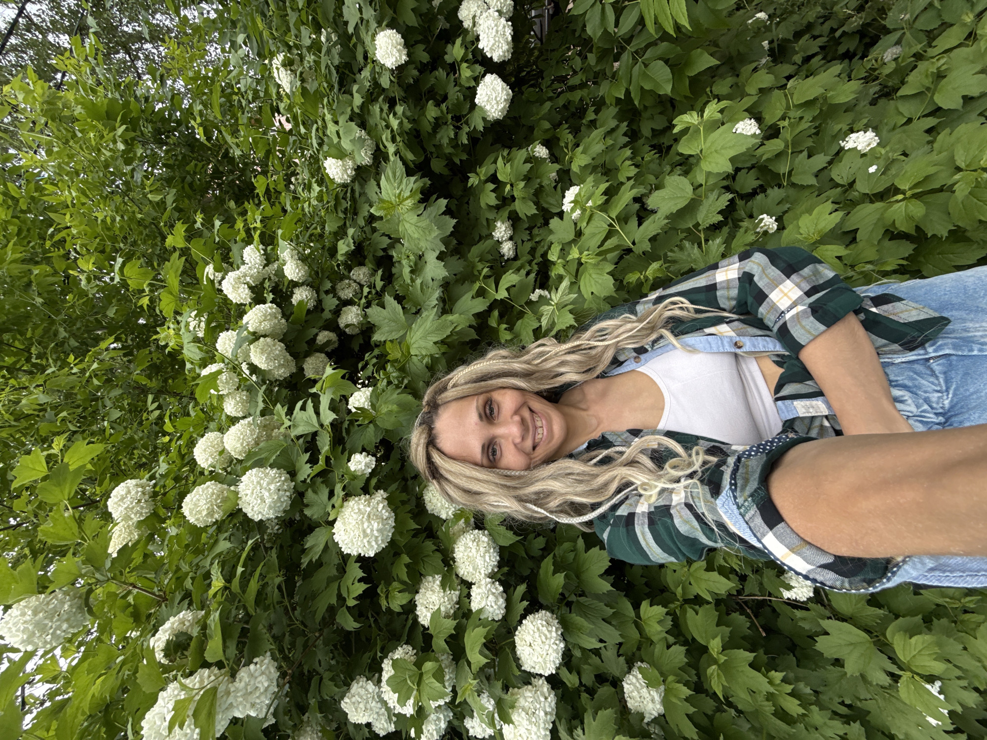 A woman is lying on her side in a patch of flowering bushes, likely in Rusanovo, Russia. She has long, blonde hair with braids and is wearing a white tank top, a blue denim shirt, and a green plaid shirt. She is smiling at the camera. The bushes surrounding her are covered with white, snowball-like flowers and green leaves. The sky is slightly visible through the top of the bushes.