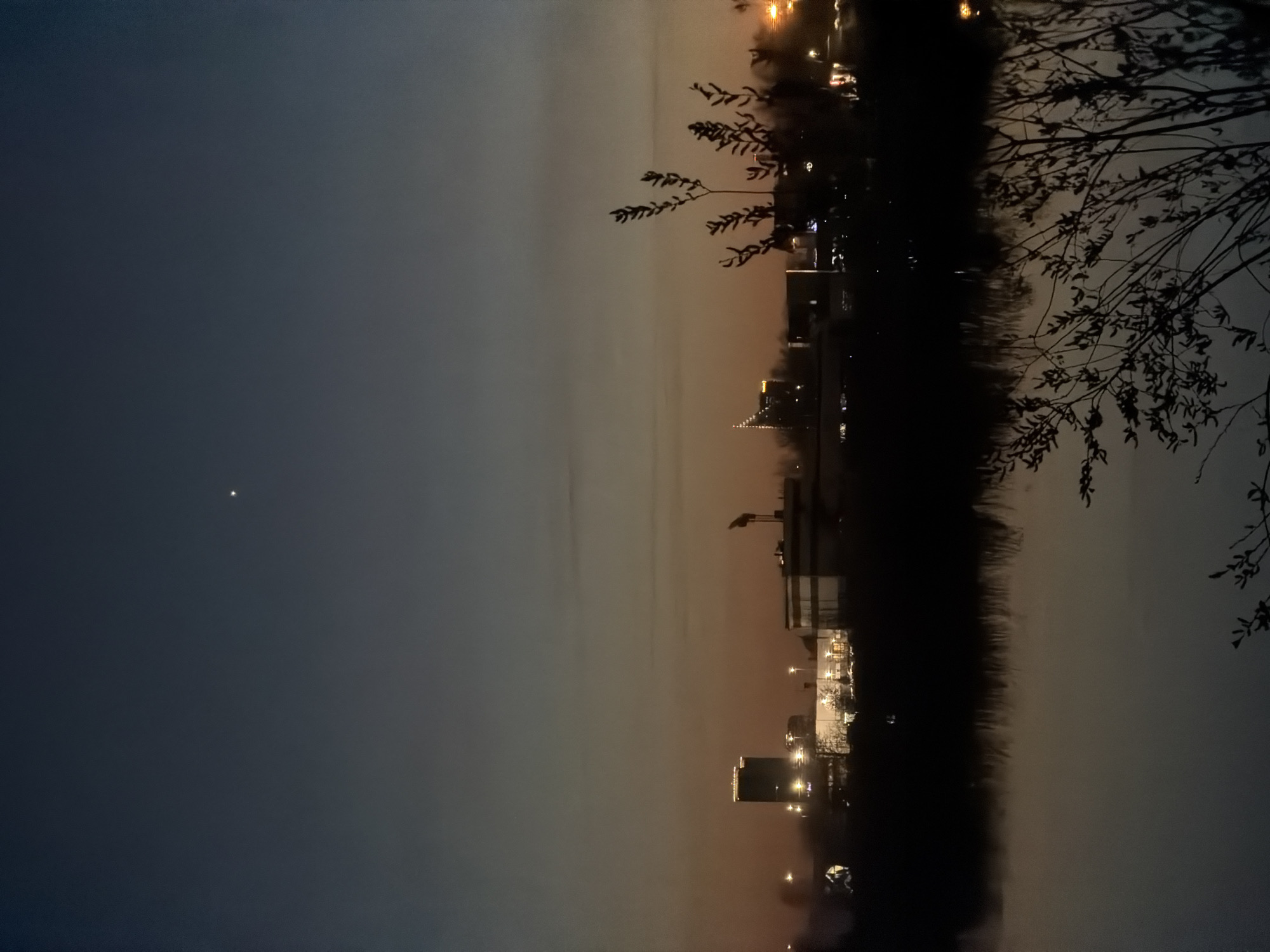 The image presents a serene urban landscape at twilight or night, likely depicting a view across a body of water in Riga, Latvia, towards a city skyline. The sky transitions from a deep indigo-grey on the left to a warmer, lighter amber-orange on the right horizon, indicating either the last glow of sunset or significant light pollution. A single, bright point of light, possibly a planet or star, is prominent in the upper left of the dark sky.
In the foreground on the right, dark, silhouetted tree branches with visible leaves extend into the frame, partially obscuring the distant view. Below them, a dark, undulating mass along the water's edge suggests more dense vegetation or land. The body of water, possibly a river or canal, is dark and calm, reflecting numerous artificial lights from the buildings on the opposite bank in shimmering, vertical streaks.
The distant cityscape is rendered in silhouette against the lighter sky, with many windows and structures brightly illuminated, creating a sparkling pattern. Clusters of lights are visible on various buildings, including a prominent, brightly lit section of a building in the mid-ground on the right. A crane is faintly discernible against the horizon, rising above the urban structures. No individuals or discernible activities are visible, emphasizing the quiet atmosphere of the urban evening. No text is visible in the image.