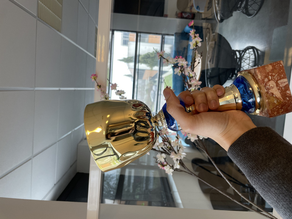 A human hand, wearing a grey long-sleeved garment, holds a trophy in a celebratory pose. The trophy features a golden metallic cup, a translucent blue stem with golden accents, and a rectangular base of reddish-brown marble with white inclusions. The scene is an interior space in Montigny-le-Bretonneux, France, with a white tiled ceiling and white walls, partially segmented by glass partitions. Artificial cherry blossom branches with pink and white flowers decorate the immediate foreground. Through large windows, an outdoor environment is visible, featuring an overcast sky, green trees (including two prominent conical evergreens), other buildings with light and orange/brown facades, a paved surface, and a light-colored vehicle. Inside, a light blue tufted sofa, dark circular tables with openwork bases, and a red fire extinguisher are visible in the background, primarily through the glass partitions. The gold cup of the trophy reflects distorted images of the indoor and outdoor surroundings.