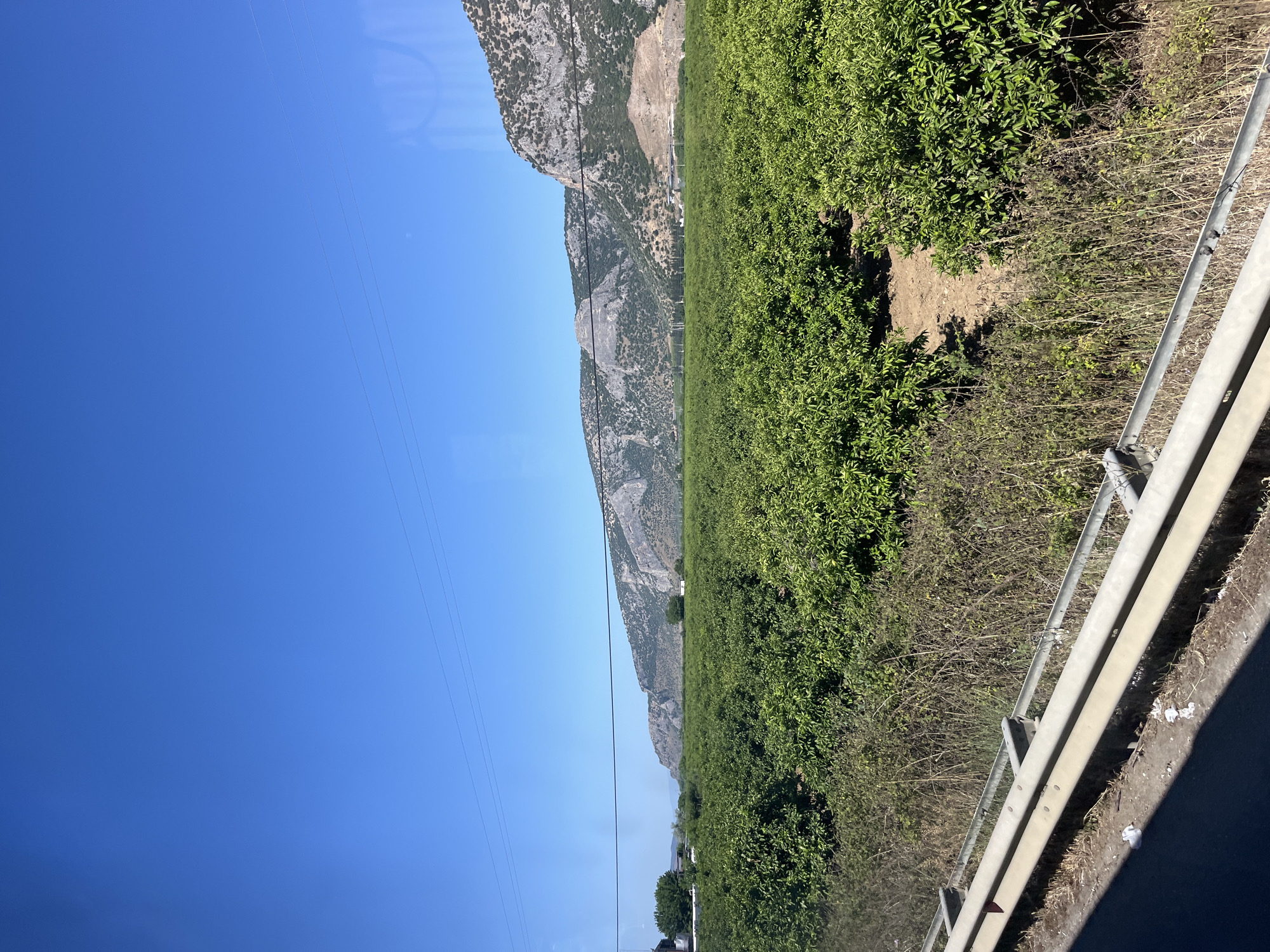 The image displays a vibrant, sunny rural landscape, captured from what appears to be a roadside perspective. A metal guardrail runs diagonally across the lower right, separating a dark, possibly paved, surface from a patch of dry ground with sparse vegetation and some small pieces of litter. Beyond this, a vast expanse of dense, verdant green crops or bushes fills the majority of the foreground and midground, stretching into the distance under the bright sun.
In the background, a prominent range of rocky, rugged mountains extends across the horizon, with portions showing scattered light vegetation. Several thin power lines are visible against the clear blue sky and the mountain range. The sky itself is a brilliant, cloudless blue, indicating excellent weather.
The scene suggests a peaceful, open environment during bright daylight, likely midday or early afternoon, given the strong illumination and lack of shadows indicating low sun. No people are visible, nor is any specific activity taking place beyond the implied movement of a vehicle from which the photo might have been taken. The combination of agricultural fields and mountains is consistent with the provided location context of Torbalı, Turkey. There is no visible text in the image.