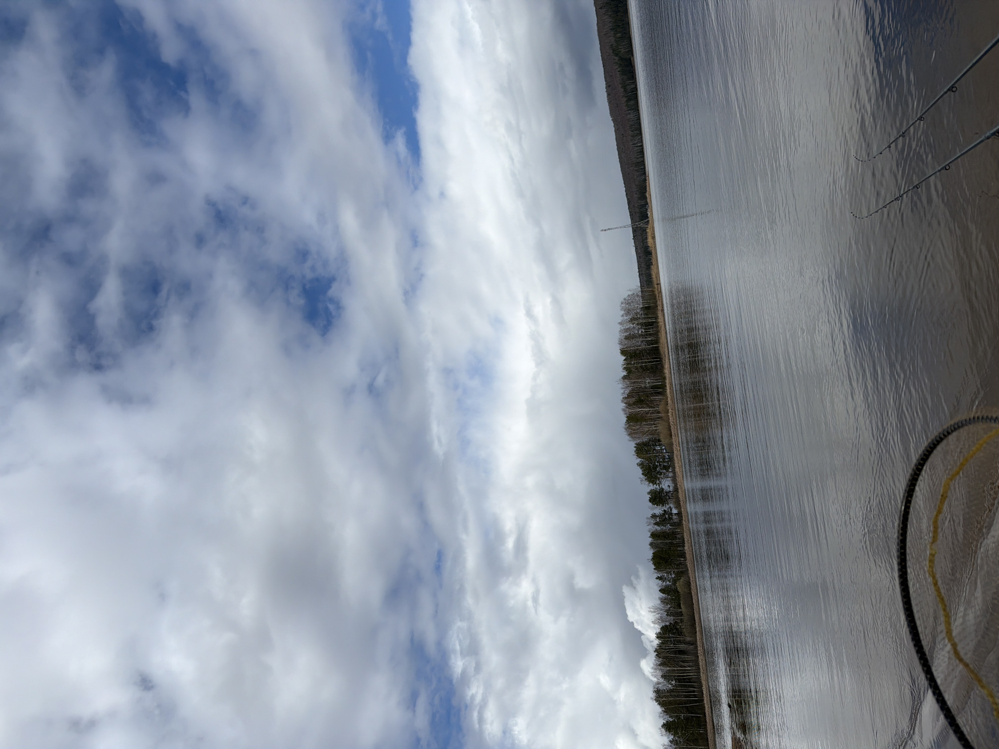 The image shows a body of water next to a treeline. In the right portion of the scene is the front of a boat. Two fishing poles can be seen extending over the side. In the water are ripple marks. Beyond the treeline is a strip of darker, taller trees. Between the boat and the distant treeline is a cloudy sky. A tower stands between the treelines. The photo was taken in Chaikovsky, Russia.