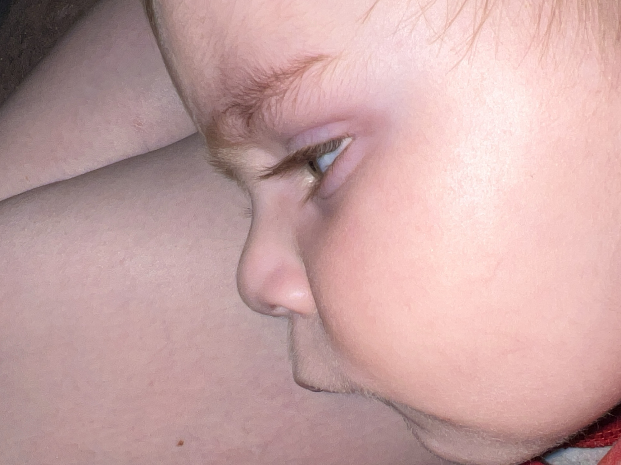 Close-up of a child's face in profile. The child has fair skin, reddish-brown eyebrows and eyelashes, and appears to be lying down. The child's nose, eye, and part of the cheek are visible. The background appears to be a person's arm or leg. There is no indication of the location being Noviy, Russia, or any specific city. The context and location are not discernible from this isolated image.