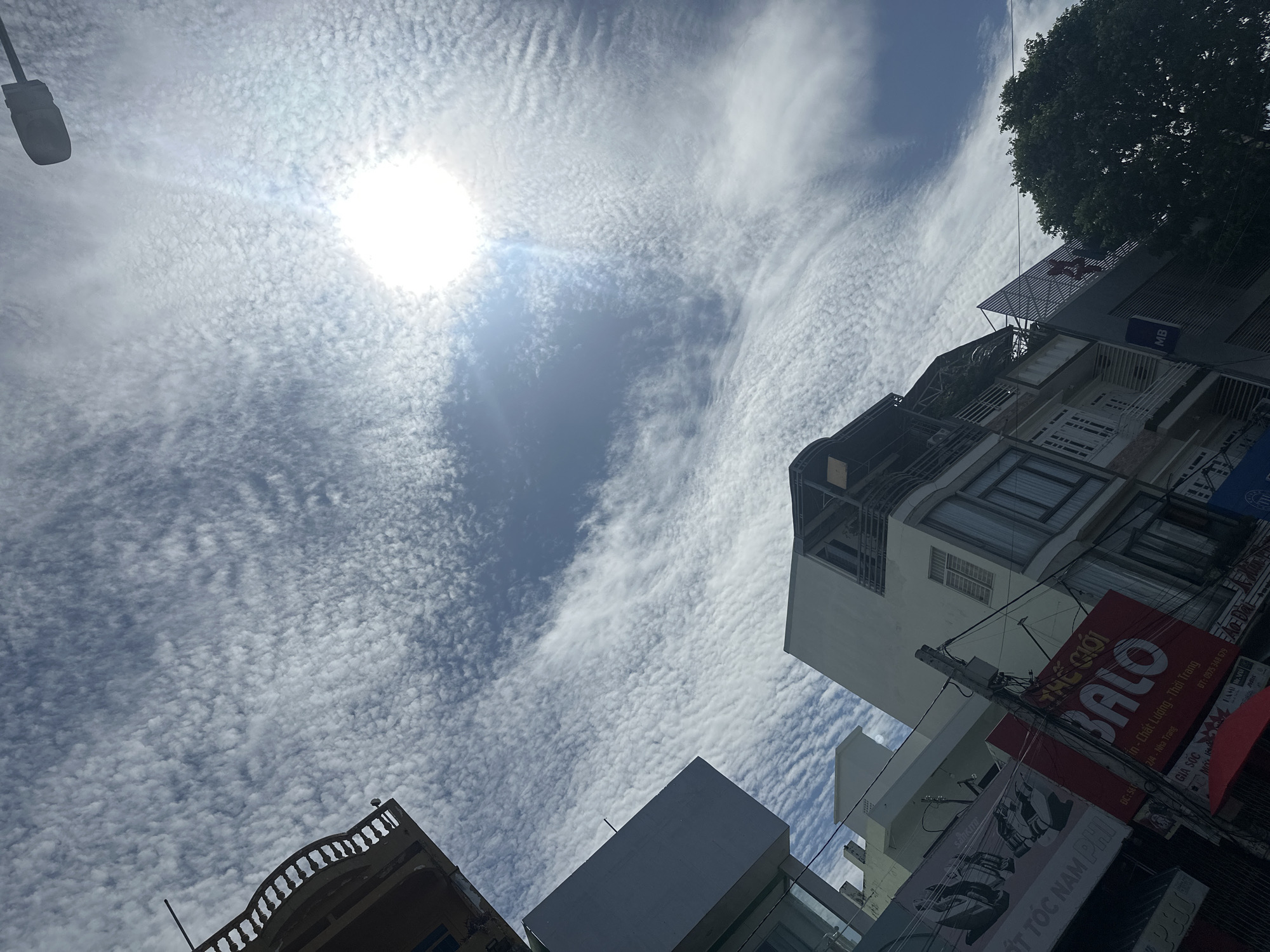 The image shows a street scene in Bac Nha Trang Ward, Vietnam, looking upwards towards a sky filled with altocumulus clouds and the bright sun. The lower portion of the frame is dominated by the facades of several multi-story buildings. On the left, the top of a building with an ornate balustrade is visible. Adjacent to it, a modern white building occupies a significant portion of the left side of the image. Further to the right, a taller building with multiple balconies and windows is prominent. A red sign with white text that reads "THẾ GIỚI BALO" (World of Bags) is displayed on one of the buildings. Another sign, partially visible on the left, has Vietnamese text that appears to be related to hair salons ("TỐC NAM PHI"). Power lines crisscross the scene between the buildings. A mature green tree stands on the right side of the frame, with its branches reaching towards the sky. A street lamp is visible in the upper right corner of the image. The overall impression is of an urban environment on a bright, cloudy day.
