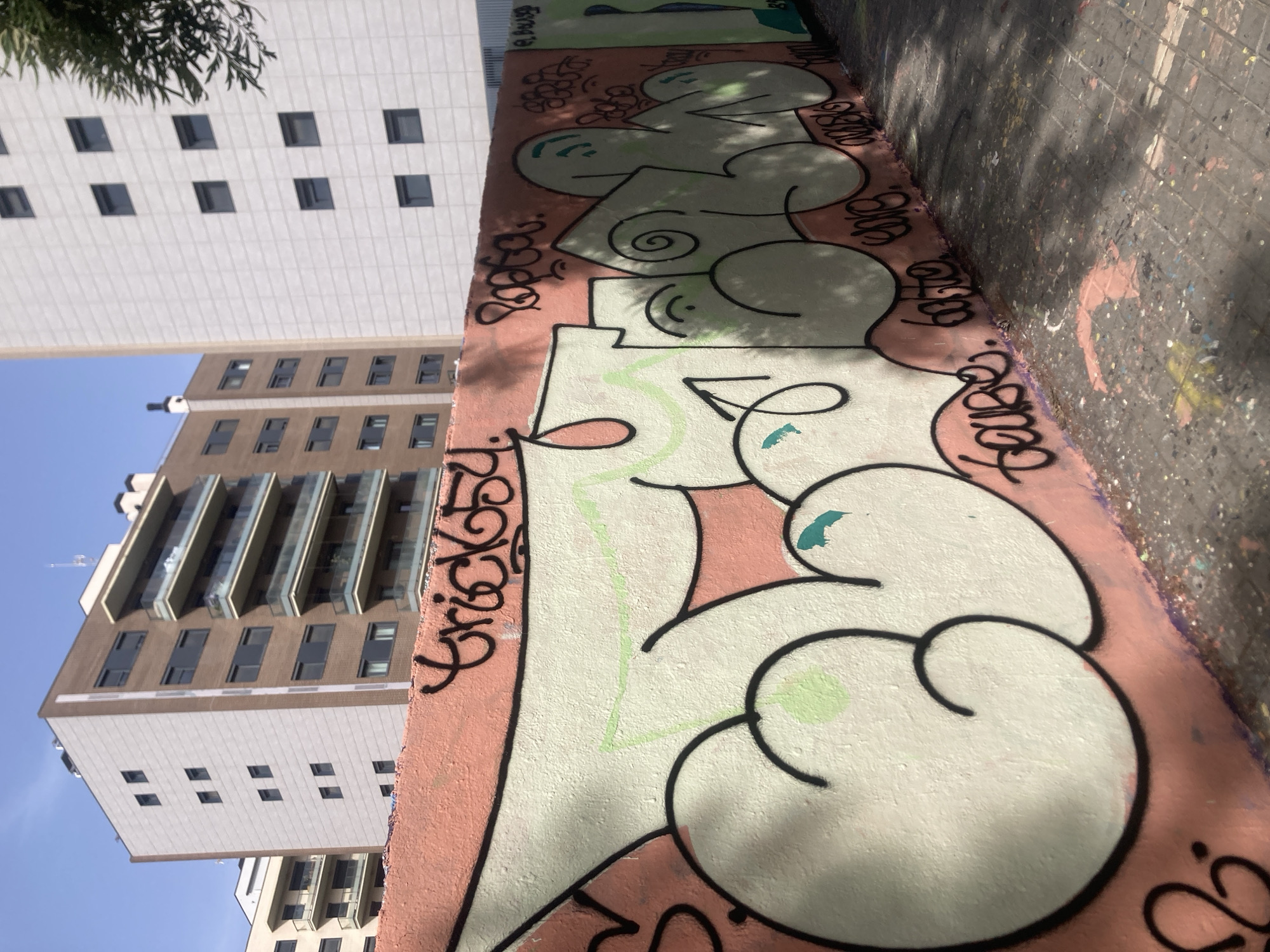 The image depicts a sun-drenched urban scene in Barcelona, Spain, focusing on a section of a salmon-pink painted wall covered in vibrant graffiti. The wall runs horizontally across the foreground and mid-ground, with a portion of a paved sidewalk visible at the bottom. Above the wall, modern apartment buildings rise against a clear blue sky.
The graffiti on the wall is characterized by bold, rounded lettering and intricate designs. The primary graffiti features large, cream-colored bubble letters outlined in black, with some green accents and shading. Above these, black graffiti tags include "trick65" and "Ropeqa." Further along the wall, other tags and stylized lettering are present, some in black and others with subtle colored fill.
The architecture of the apartment buildings is contemporary, featuring a mix of light-colored facades with rows of dark-framed windows and balconies. The building on the left has a reddish-brown brick facade interspersed with sections of light grey paneling, while the building on the right is predominantly light-colored with a grid-like pattern of windows.
The sidewalk is constructed of square paving stones, with scattered paint splatters and debris indicating a public space where graffiti art is prevalent. Shadows from unseen foliage fall across the sidewalk and the lower portion of the wall, suggesting the presence of trees or other greenery nearby. The overall impression is one of an outdoor urban environment marked by colorful artistic expression and modern architecture. No people are visible in the image.
