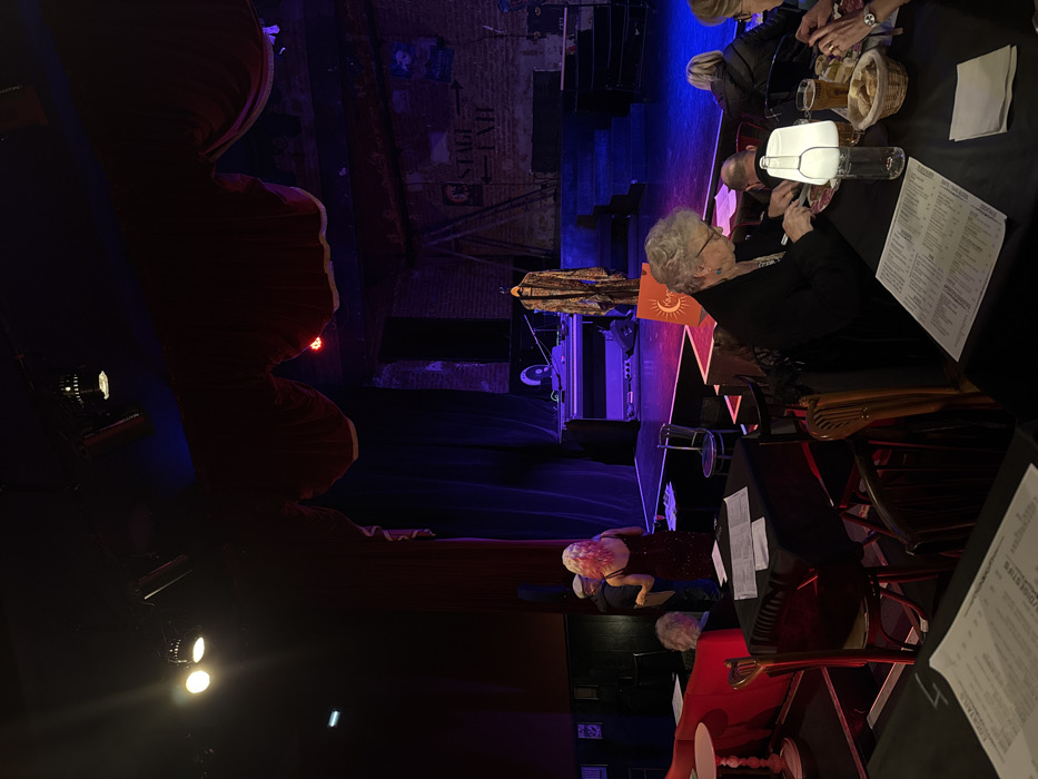 A performance venue is captured from an audience perspective. Tables are set for dining, and patrons are seated. A stage with blue and purple lighting is in the background. A stage exit sign is visible in the back upper left. A large red curtain is positioned on the left, and stage lighting equipment is visible.