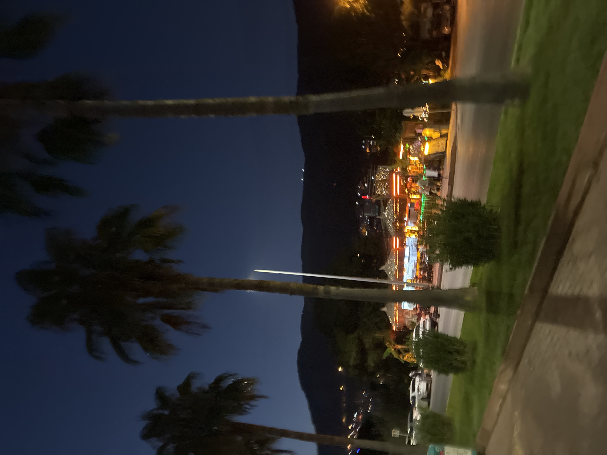 The image depicts a street scene at dusk in Alanya, Turkey, with several palm trees silhouetted against a dark blue sky. In the background, a range of hills or mountains is visible, with lights from a distant town or city scattered across their slopes. A road runs horizontally across the mid-ground, with several cars parked on the left side. To the right of the road, a brightly lit outdoor establishment with thatched roofs and numerous colorful lights is visible, suggesting it is a restaurant or a bar. People are present in the scene, some walking on the sidewalk near the establishment and others near the parked cars. The foreground shows a sidewalk or walkway made of paving stones, bordered by a strip of green grass with several small bushes. The overall impression is that of a lively evening atmosphere in a coastal city.
