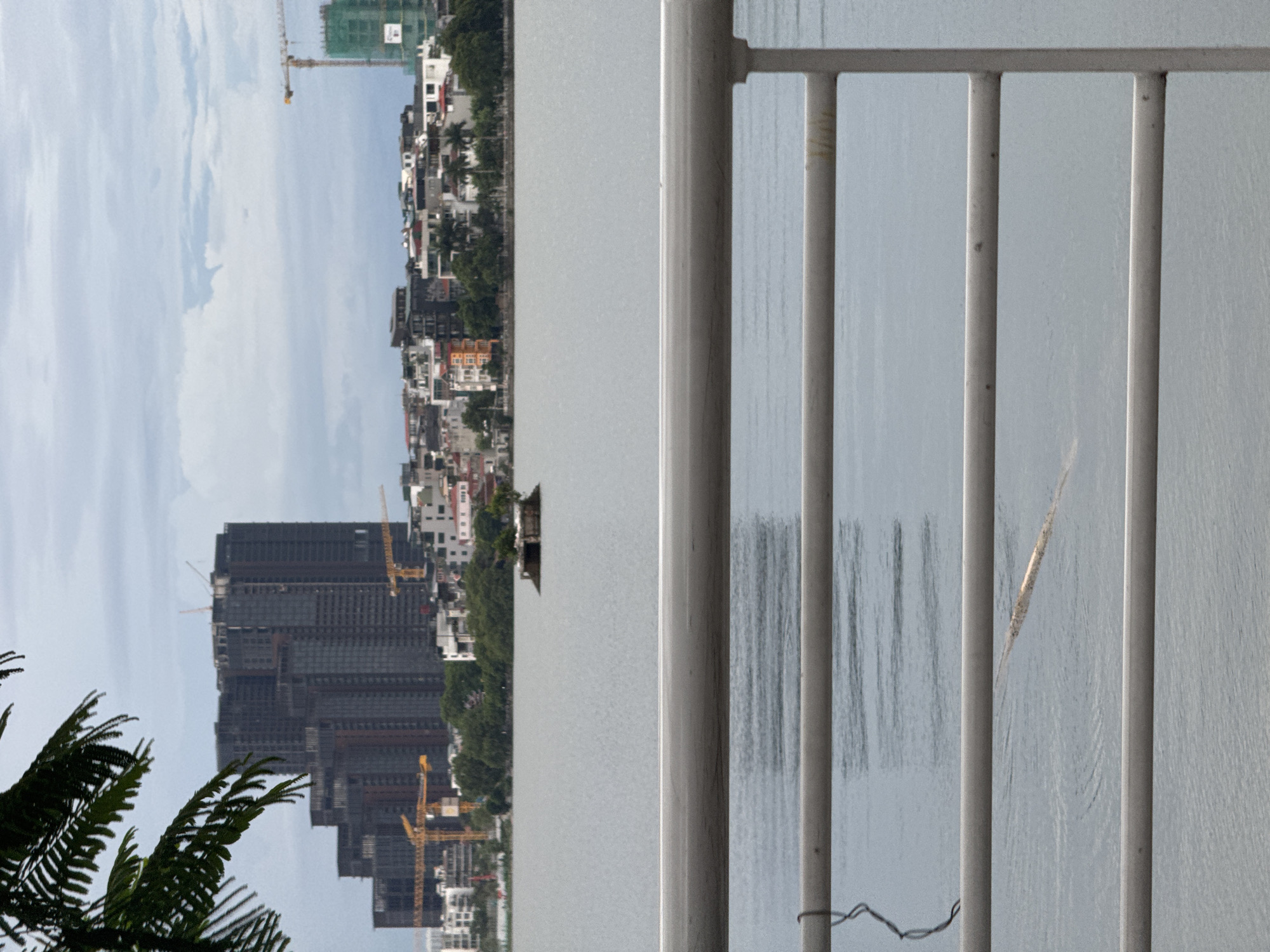 This is a photograph of the West Lake (Hồ Tây) in Hanoi, Vietnam, viewed from the shore. In the foreground, a white metal railing divides the frame, with the calm, grey water of the lake filling the middle ground. A thin, light-colored object, possibly a branch or debris, floats on the water's surface. In the background, a densely populated urban landscape stretches across the horizon, characterized by a mix of residential buildings and construction sites. Several tall, dark, unfinished buildings dominate the skyline, suggesting ongoing development. Cranes from construction sites are visible amongst the buildings, as are smaller, multi-story buildings with varying architectural styles. A small, elevated structure with vegetation is situated in the middle of the lake. The sky is overcast with clouds, casting a muted light over the scene.