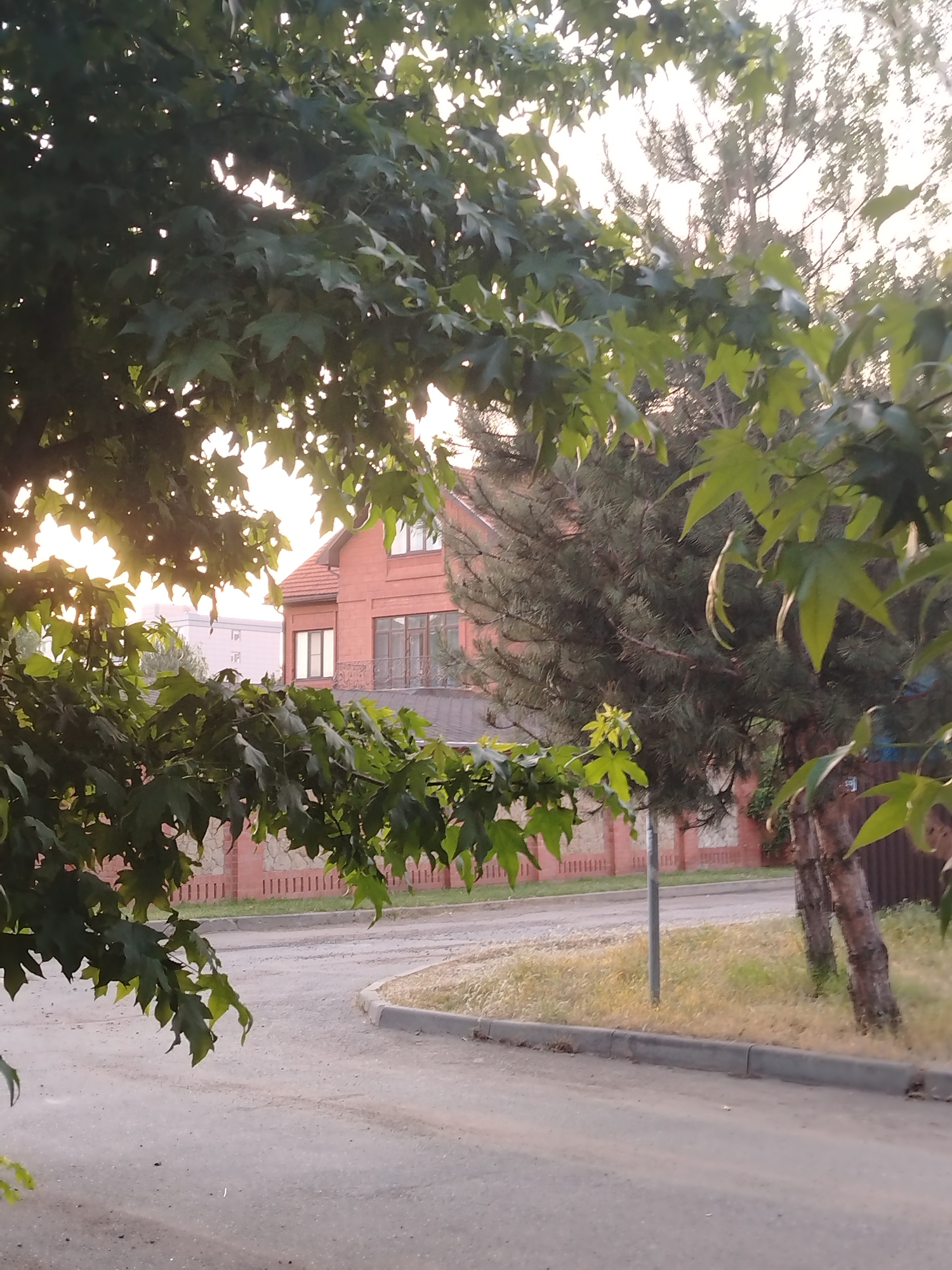The image shows a view through tree branches of a street with buildings and a fence in Krasnodar, Russia. The sun is shining through the leaves, creating a dappled effect. In the background, there is a two-story brick house with a red tiled roof and large windows. To the left of the house, a lighter colored building is visible. A red brick fence runs along the street. The street itself appears to be paved and curves to the right. There is dry grass growing along the side of the road. The overall scene suggests a suburban or residential area in Krasnodar.