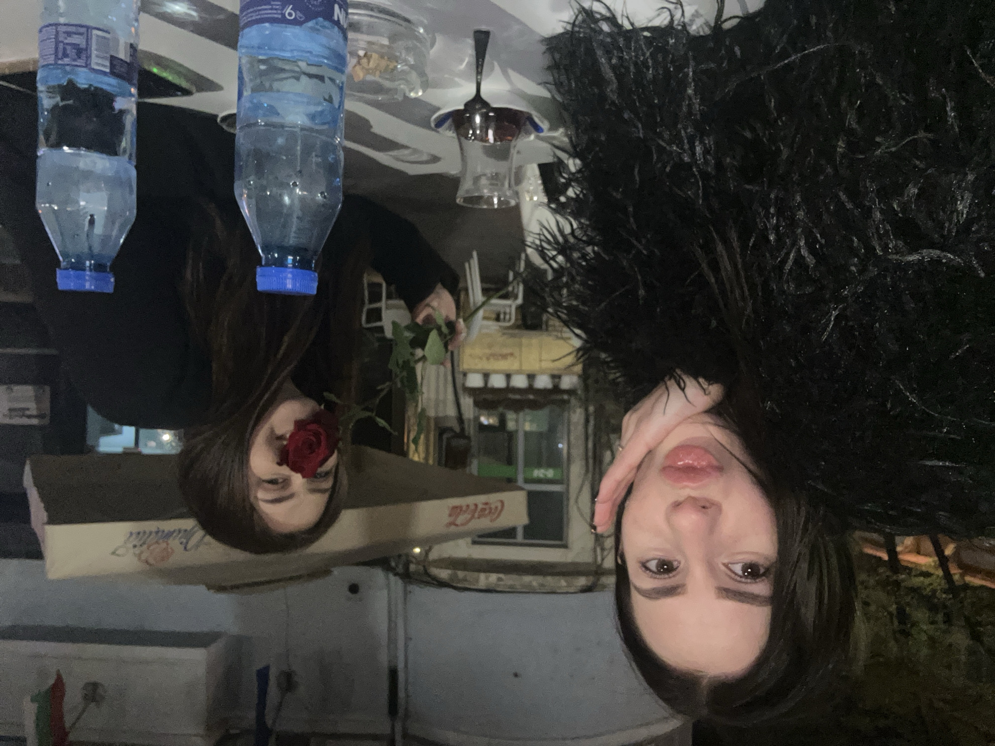 Two women are face to face in an outdoor setting. The image is upside down. The woman on the left has a rose in her mouth and is holding the stem of a rose. A box with "Coca-Cola" printed on it is visible. There are water bottles and glassware on the table between the two women. The woman on the right is wearing a black, feathered garment. Background details include a window, trees, and buildings. The exact location within the city of Plovdiv, Bulgaria is not identifiable.