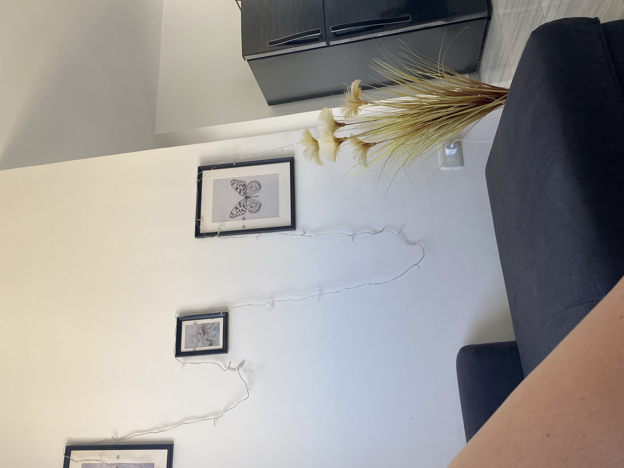 The image shows a wall in what appears to be a living room. Three framed pictures are hanging on the wall. The top picture features a black and white drawing of a butterfly. The middle picture contains a floral image, possibly of peonies. The bottom picture is partially visible and shows a light-colored graphic. String lights are draped around the frames, creating a decorative effect. To the right of the pictures, a dark gray sofa is visible, and a bunch of dried grass-like decorative plants is placed behind it. Above the plants, a wall-mounted cabinet with a dark gray finish and silver handles is mounted on the wall. A white electrical outlet is also visible near the plants. The overall lighting suggests it might be daytime, with ambient light illuminating the room. The setting seems to be a home interior, likely in Sharm El Sheikh, Egypt, given the context. There are no people clearly visible in the image.