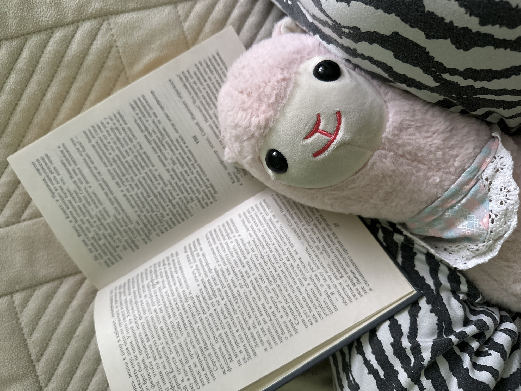 An open book and a pink stuffed animal are resting on a bed or sofa, creating a cozy indoor scene in Chaikovsky, Russia. The stuffed animal, resembling a llama or alpaca, has soft pink fur, black round eyes, and a red embroidered smile, and is nestled against a pillow with a black and white striped pattern. It wears a decorative fabric ruffle with white lace.
The book is open to pages of Cyrillic text, suggesting the content is in Russian. Prominent words visible on the left page include "кабинет," "философии," "профессор," "Сергей Кознышев," "Левин," and "материалистам," indicating a discussion on philosophical topics and mentioning characters found in classic Russian literature, likely Leo Tolstoy's *Anna Karenina*. The right page shows similar philosophical discourse with names like "Вурет, и Кнауст, и Припасов," and "Сергей Иванович," alongside the concept of "сознание бытия" (consciousness of being). Page numbers "28" and "40-" are visible, as well as the Roman numeral chapter marker "VIII."
The setting appears comfortable and relaxed, with a light-colored, textured blanket or fabric underneath the book and stuffed animal. The lighting is bright and diffuse, indicating daytime. The overall impression is one of leisure, perhaps a quiet moment of reading.