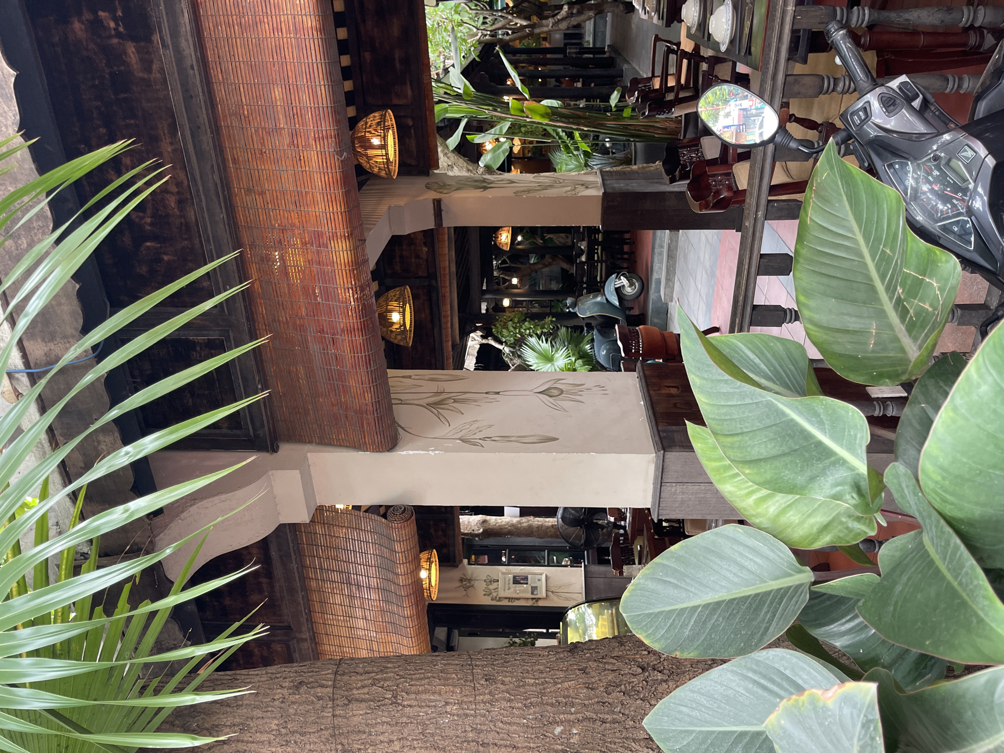The image captures an outdoor seating area of a restaurant in Da Nang, Vietnam. The scene is dominated by lush green foliage in the foreground, obscuring a dark-colored scooter parked on the right. Behind the foliage, a wooden railing separates the seating area from a pathway. The restaurant's architecture features exposed wooden beams, bamboo blinds covering the windows, and ornate lighting fixtures hanging from the ceiling. Several tables and chairs are arranged in the background, some occupied by indistinct figures. A vintage scooter is parked in a courtyard area further into the establishment. The overall ambiance suggests a tropical, open-air dining experience.