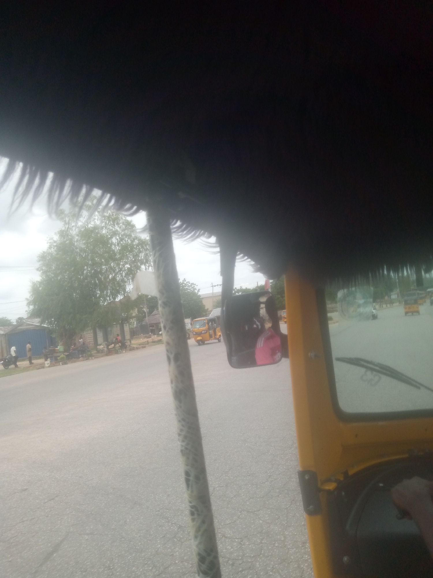 The image shows a view from inside a yellow autorickshaw, likely in Jalingo, Nigeria. The scene depicts a street with a paved road and a sidewalk lined with shops and trees. Several people are visible on the sidewalk, some standing and some sitting, and a few motorcycles are parked nearby.
In the background, other vehicles, including at least two other yellow autorickshaws, are seen on the road. A large tree with green foliage dominates the middle ground. A side mirror of the autorickshaw reveals a reflection of a person wearing a pink top.
The time of day appears to be daytime, judging by the ambient light, and the sky is overcast, suggesting cloudy weather. The overall impression is of a typical street scene in a Nigerian town, with a focus on local transportation and everyday life. The image is slightly blurry, perhaps due to the movement of the autorickshaw.
