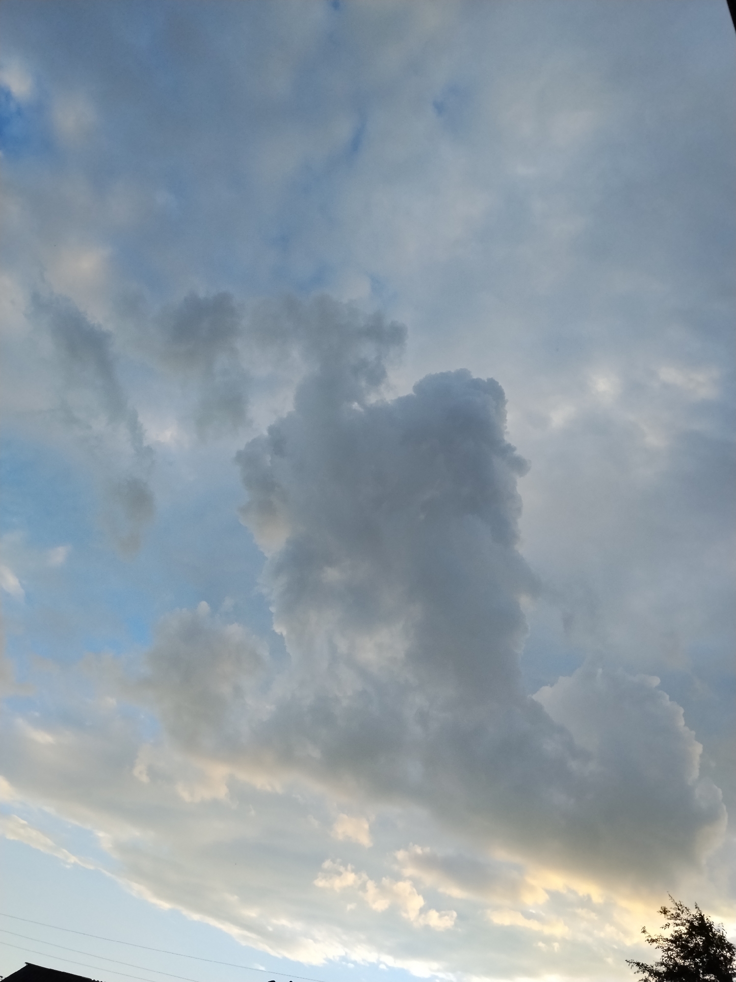 The image captures a dramatic sky filled with a variety of clouds. In the center, a large, textured cumulonimbus cloud dominates the frame, appearing almost like a towering, dark silhouette against lighter, more diffuse clouds. This central cloud formation has a unique, almost anthropomorphic shape, with a prominent vertical structure that suggests a head or body.
The sky itself transitions from a pale blue in the upper left to a more overcast, gray hue across much of the scene, with hints of lighter, sunlit clouds interspersed. Towards the bottom right, a patch of warm, golden light suggests the sun may be setting or breaking through the clouds, casting a soft glow.
Along the bottom edge of the image, subtle hints of a landscape are visible. A dark, silhouetted roofline of a building is present in the lower left, and a few thin lines, possibly power lines, stretch horizontally. In the lower right corner, the dark silhouette of a tree or dense foliage is visible against the lighter sky.
The overall impression is one of a dynamic and somewhat moody sky, likely captured during the late afternoon or early evening due to the interplay of light and shadow on the clouds and the golden glow. The weather appears to be mixed, with the potential for rain suggested by the darker cloud formations, but also moments of sunlight. No text is visible in the image.