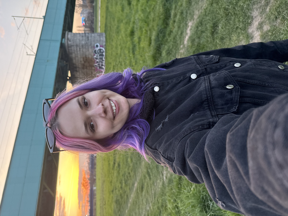 A young adult female with pink and purple wavy hair and sunglasses perched on her head is depicted in a selfie, smiling directly at the camera. She wears a distressed black denim jacket with a dark collar and silver buttons. Her left arm is extended, holding the camera. The scene is outdoors in a grassy area under a sunset sky, which displays hues of orange, yellow, and light blue. In the background, a large green metal railway bridge with overhead lines spans horizontally, supported by stone piers. Graffiti is visible on one of the stone piers. Distant trees and urban structures are faintly visible beyond the bridge. The location is the vicinity of the Željeznički most preko Save (Railway Bridge over Sava) in the City of Zagreb, Croatia, at sunset.