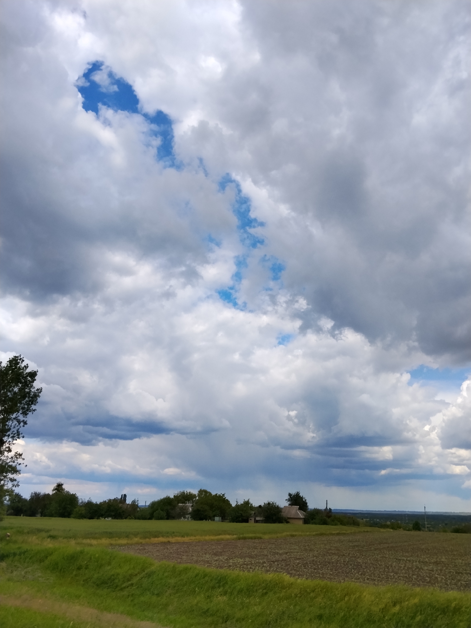 The image depicts a rural landscape in Ustyvytsia, Ukraine, under a cloudy sky with patches of blue. A field in the foreground shows both green grass and tilled soil. Beyond the field, a line of trees and foliage obscures buildings. The sky is dominated by various cloud formations, ranging from fluffy white to dark grey, with a narrow opening revealing blue sky in the upper center. A tree is visible on the left side of the frame. In the background, there are rolling hills and further distant structures.