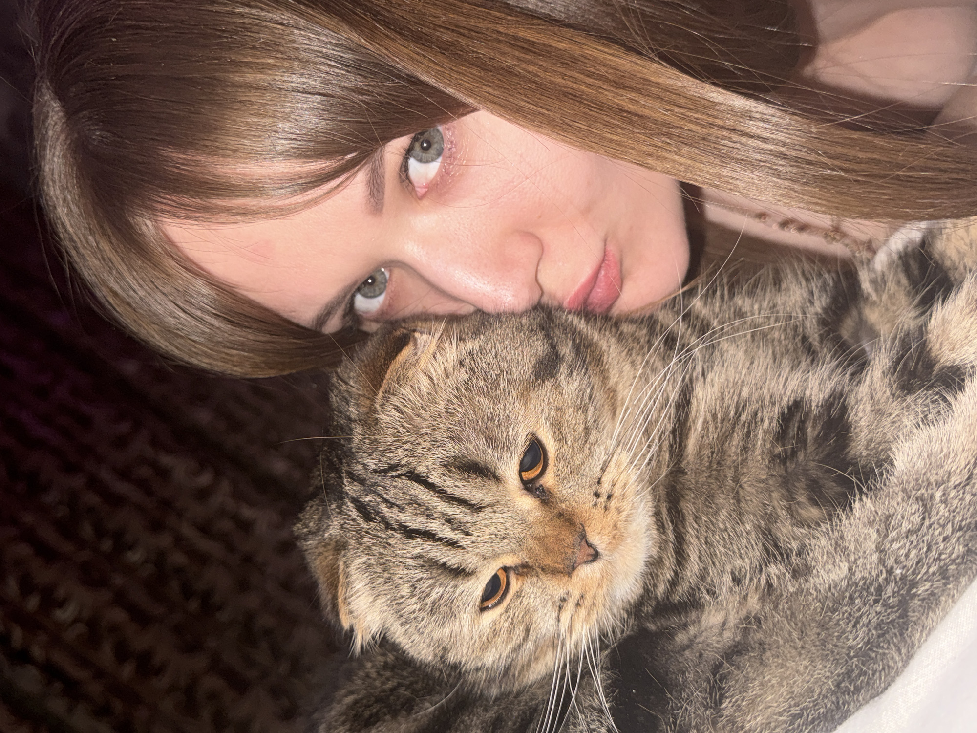 An intimate, close-up photograph, taken in Chaikovsky, Russia, captures a tender moment between a young woman and her cat. The image is rotated, showing the subjects from an overhead perspective, with the woman's head resting closely against her pet.
The woman has long, straight, brown hair that cascades around her face and shoulder. Her light blue-grey eyes, with a calm and gentle gaze, are looking directly towards the viewer. Her lips are slightly parted. A subtle, beaded necklace is barely visible around her neck.
Beside her, a tabby-patterned Scottish Fold cat is prominently featured. The cat has distinctive folded ears and striking amber-orange eyes, also directed towards the camera. Its fur is a mix of browns, greys, and black stripes, complemented by long white whiskers.
The background is dark and appears to be a textured fabric, possibly a blanket or rug, suggesting a cozy indoor setting, likely a home. A lighter, possibly white or cream-colored, fabric is visible on the right side of the frame, underneath the cat.
The lighting appears to be artificial, casting soft highlights on the woman's hair and the cat's fur, implying an evening or nighttime scene. The overall mood conveyed is one of tranquility, affection, and companionship between the woman and her pet. There is no visible text in the image.