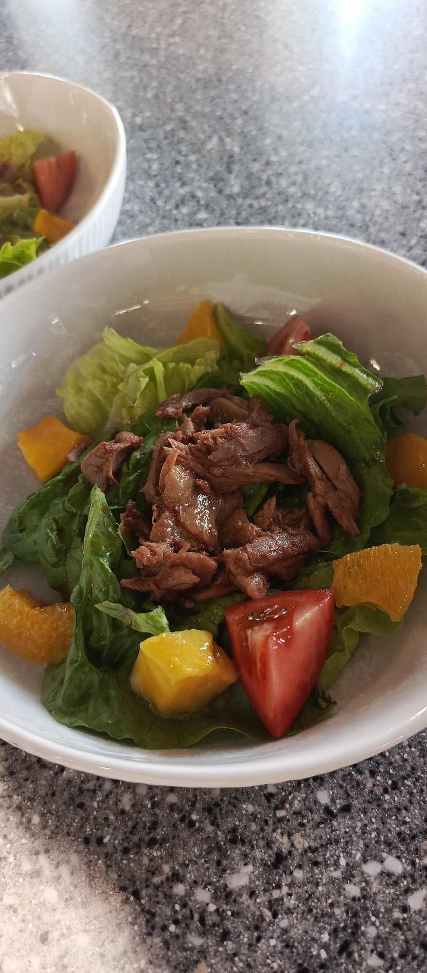 A close-up, high-angle shot focuses on a white bowl filled with a salad. The salad contains shredded dark meat, leafy green lettuce, and diced pieces of yellow fruit, possibly mango, and red tomato wedges. The bowl sits on a speckled grey countertop.