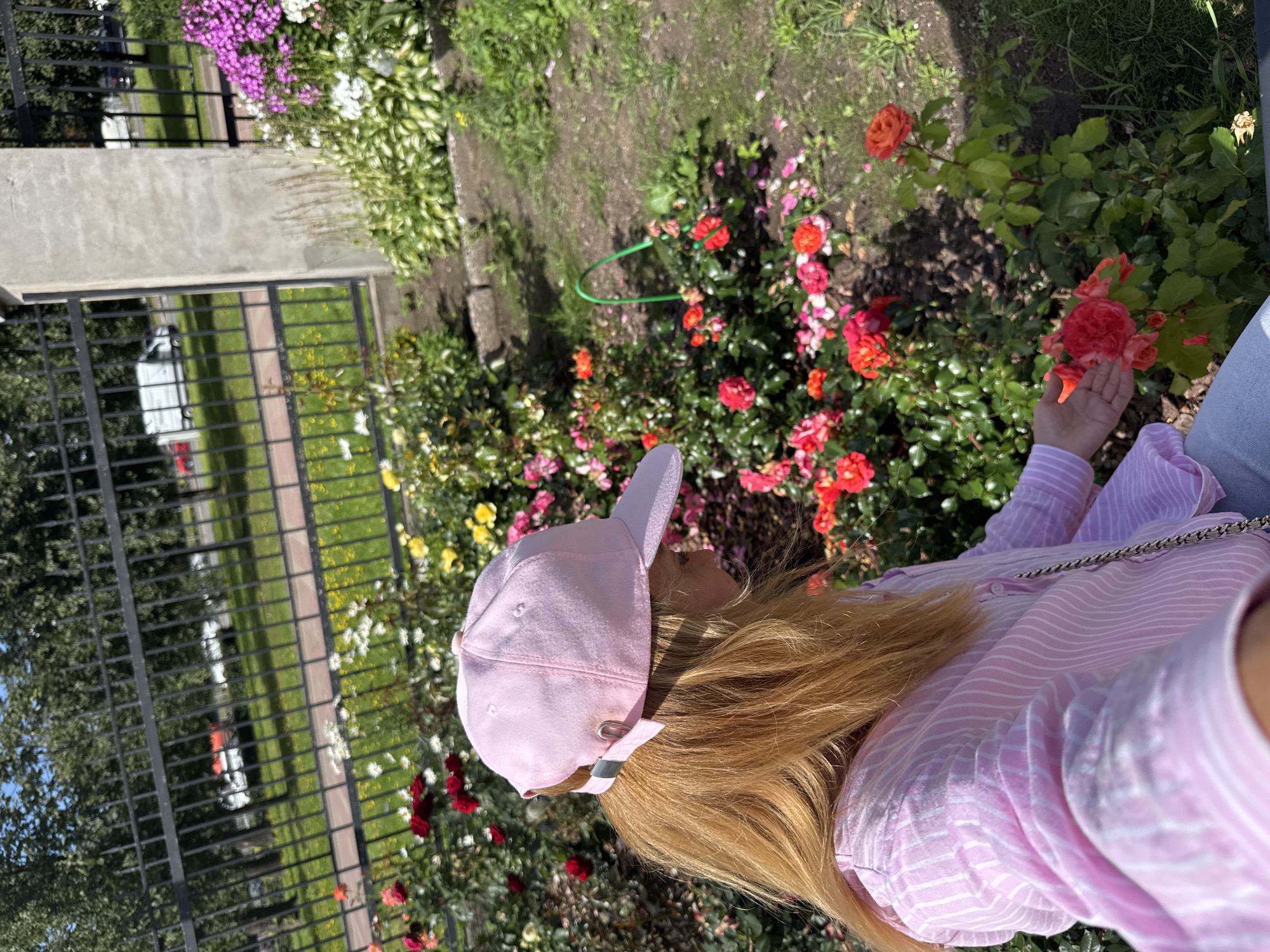 A person with long, blonde hair and wearing a pink striped shirt and a pink baseball cap is shown from the chest up, looking down and to the right. They are in a garden area with a variety of roses in bloom, in shades of red, pink, and yellow. A black metal fence is visible in the background, behind which are trees and some vehicles. A large concrete pillar is to the right of the person, adjacent to the fence. The scene appears to be outdoors on a sunny day. The setting could be a park or a private garden within the city of Saint Petersburg, Russia.