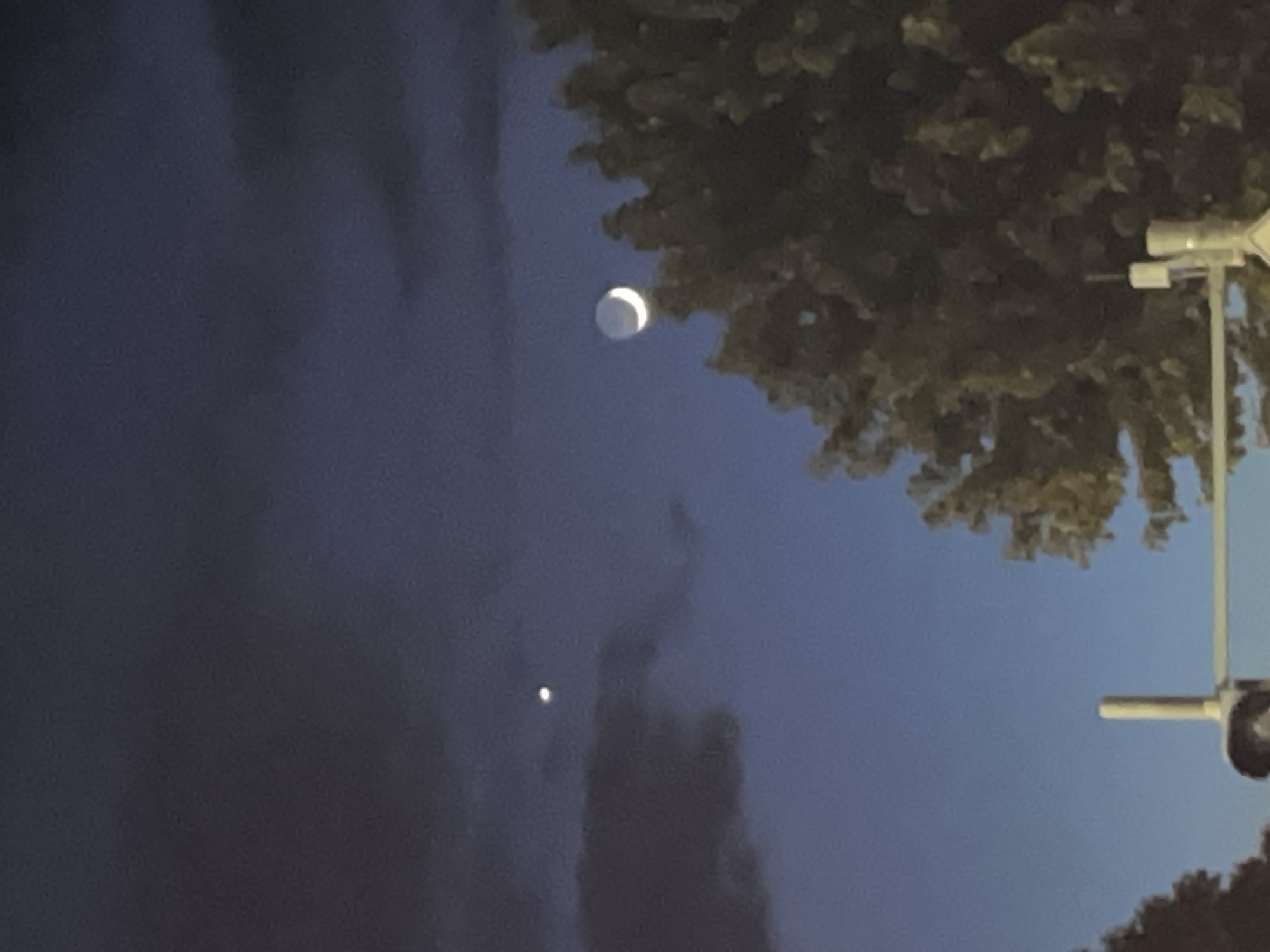 The image shows a crescent moon and a bright star or planet in the night sky. The moon is partially obscured by tree branches in the upper right corner. In the bottom left, a bright star or planet is visible. There is also a streetlight in the upper right. Dark clouds fill much of the left side of the image.