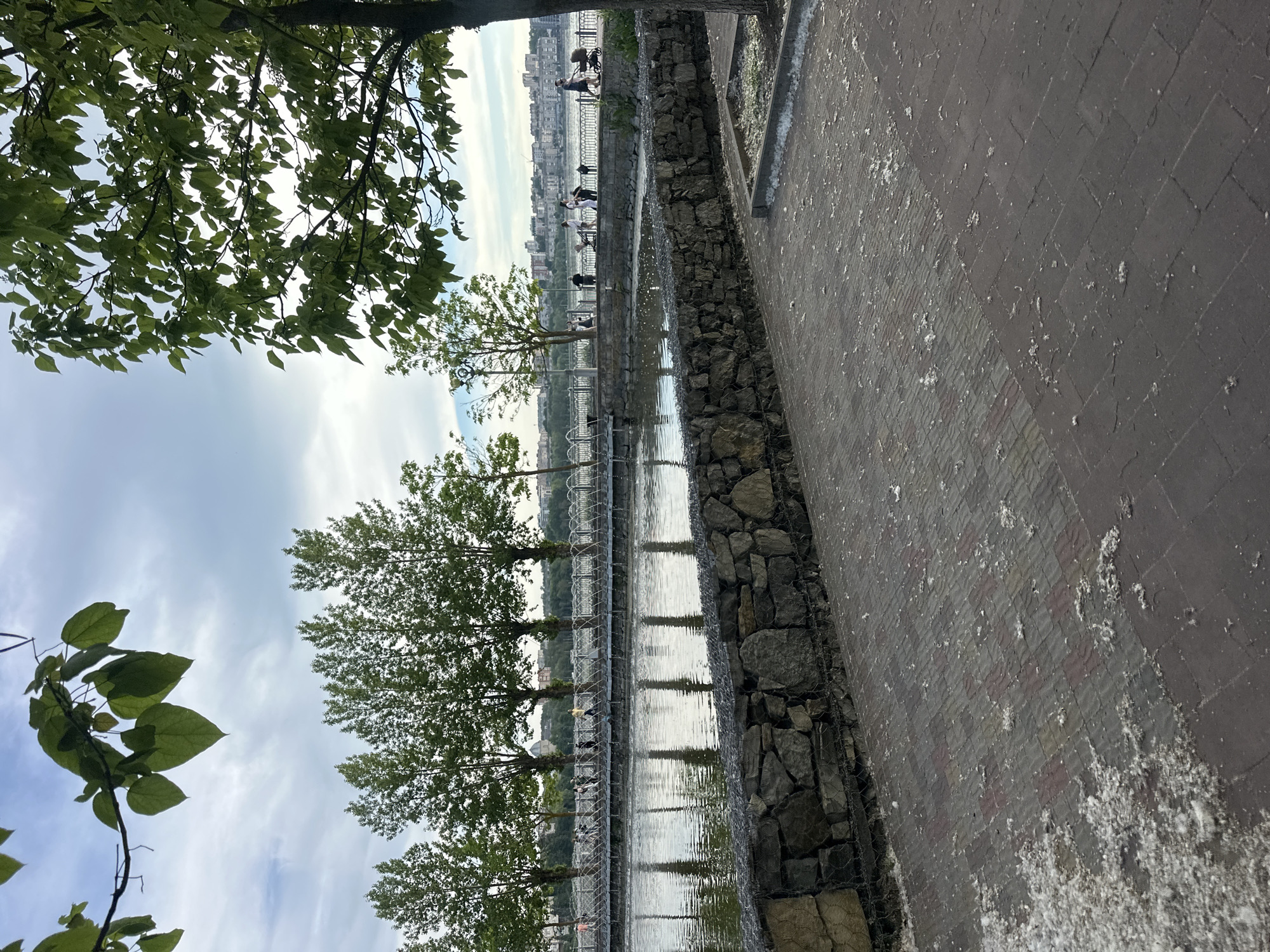 The image depicts a public promenade in Ternopil, Ukraine, likely along the Ternopil Pond, a central feature of the city. The foreground shows a paved walkway made of interlocking brick pavers, some of which are covered in light-colored debris, possibly down or fluff. A low wall constructed of rough-hewn stones, encased in wire mesh gabions, separates the walkway from the water.
Beyond the stone wall lies a body of water, reflecting the sky and a line of trees. The water appears calm, with subtle ripples. A metal railing, supported by decorative posts, runs along the edge of the promenade by the water.
A group of people are visible on the promenade, some walking, others standing. They are casually dressed and appear to be enjoying a stroll. Several individuals are pushing strollers, suggesting families are present. In the background, a city skyline with buildings is visible across the water.
A row of deciduous trees with full green foliage lines the promenade, casting reflections on the water. The sky is partly cloudy, with patches of blue sky interspersed with white clouds. The overall scene suggests a pleasant, overcast day in an urban park setting.