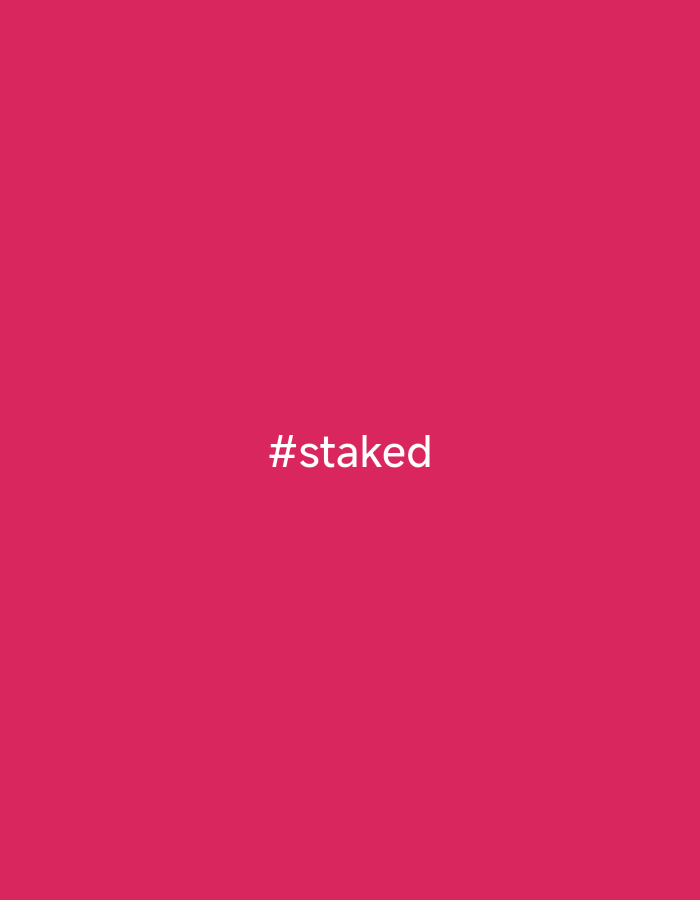 The image is a solid magenta background with the white text "#staked" centered horizontally and positioned in the lower half of the frame. There are no people, objects, or environmental elements visible. The location of Jobokuto, Indonesia is not depicted in this image.